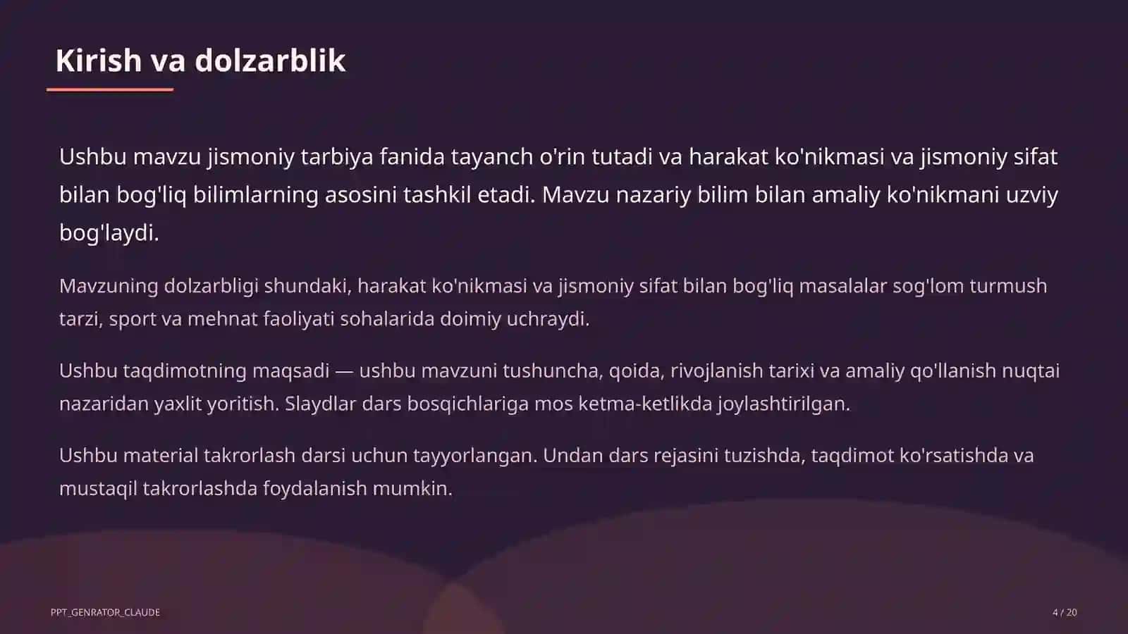 Chidamlilikni rivojlantirish: uzoq masofaga yugurish (7-sinf) Jismoniy tarbiya (1– 11) — takrorlash darsi uchun 4
