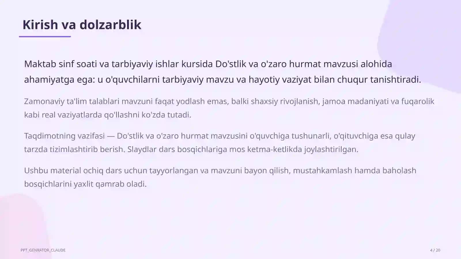 Sinf soati va tarbiyaviy tadbirlar (1– 11) 4