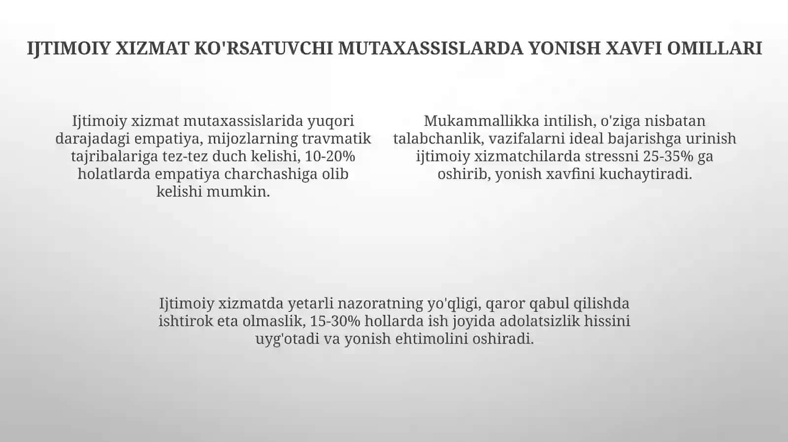 Ijtimoiy xizmat koʻrsatuvchi mutaxassislarda kasbiy kuyish holatlariprofilaktikasi 4