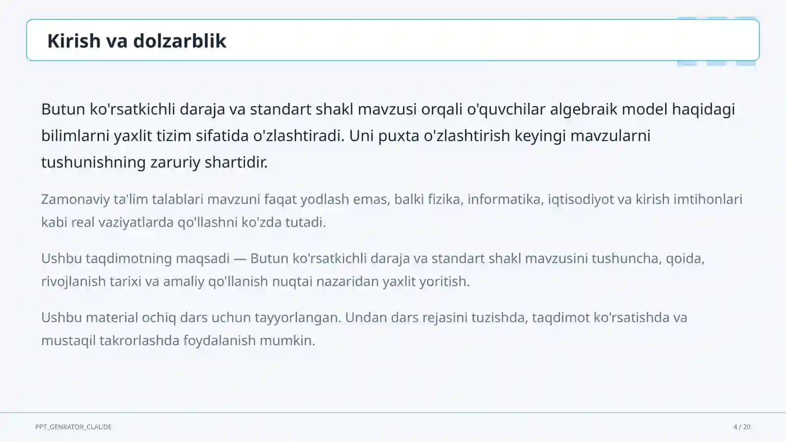 Butun ko'rsatkichli daraja va standart shakl (8-sinf) 4