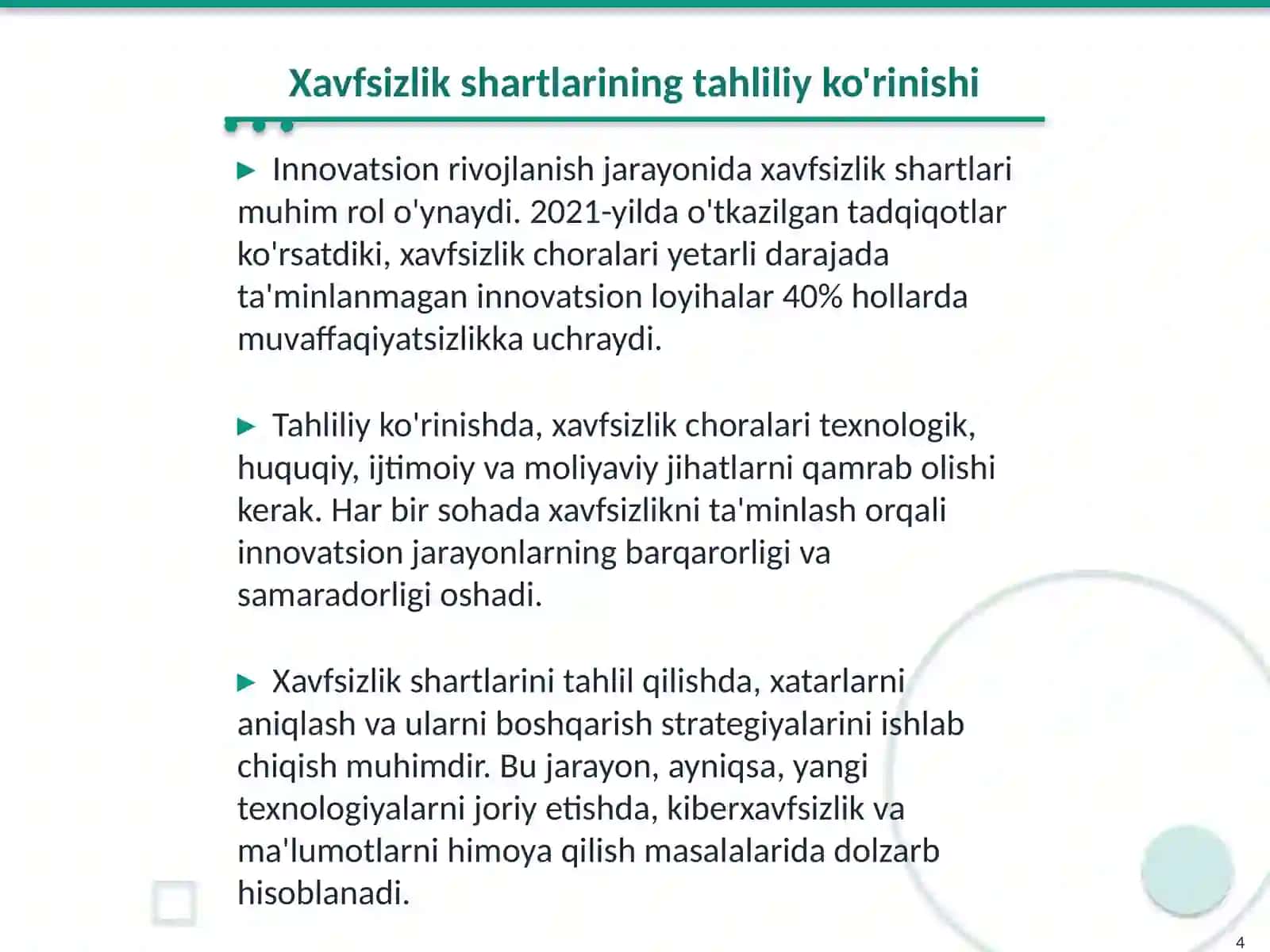 Iqtisodiyotni innovatsion rivojlanish yoʻliga oʻtshdagi xavfsizlik shartlari 4