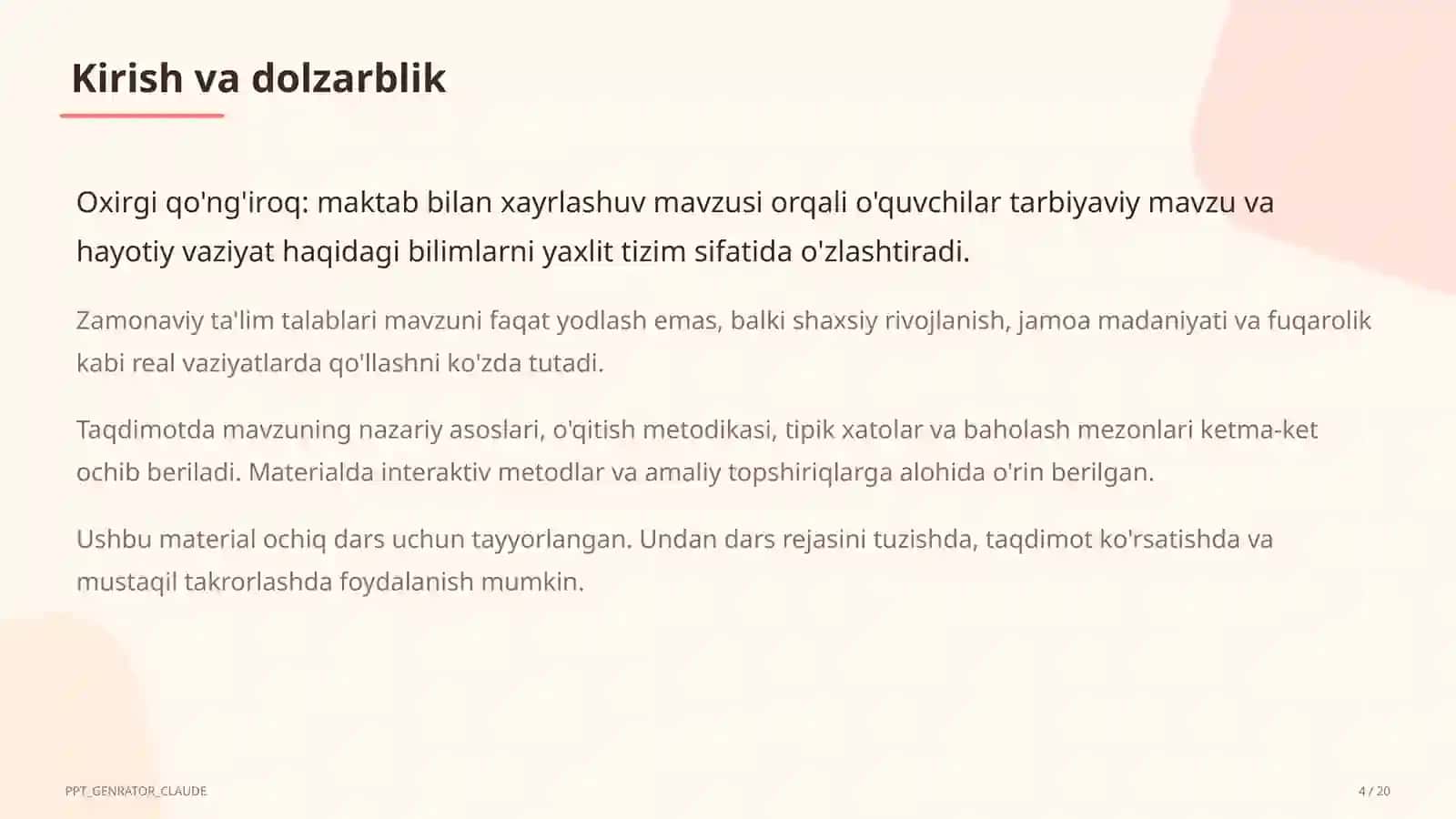 Sinf soati va tarbiyaviy tadbirlar (1–11) — ochiq dars uchun 4