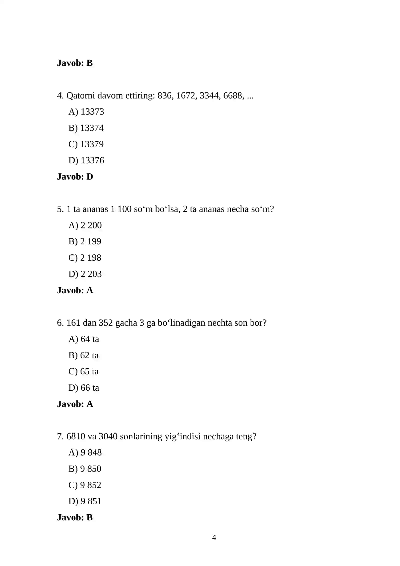 Bojxona 2026 — 1000 ta test 4