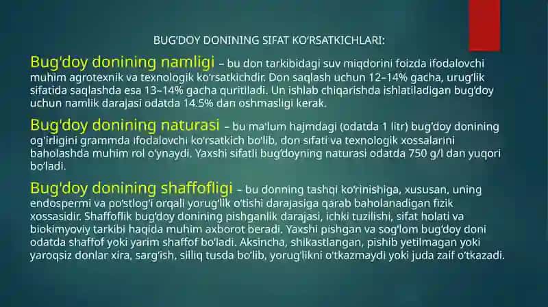 Quvvati 270 tonna/sutka bo’lgan  tegirmonda 1 navli 75% li un ishlab chiqarish texnologiyasini ishlab chiqish 4