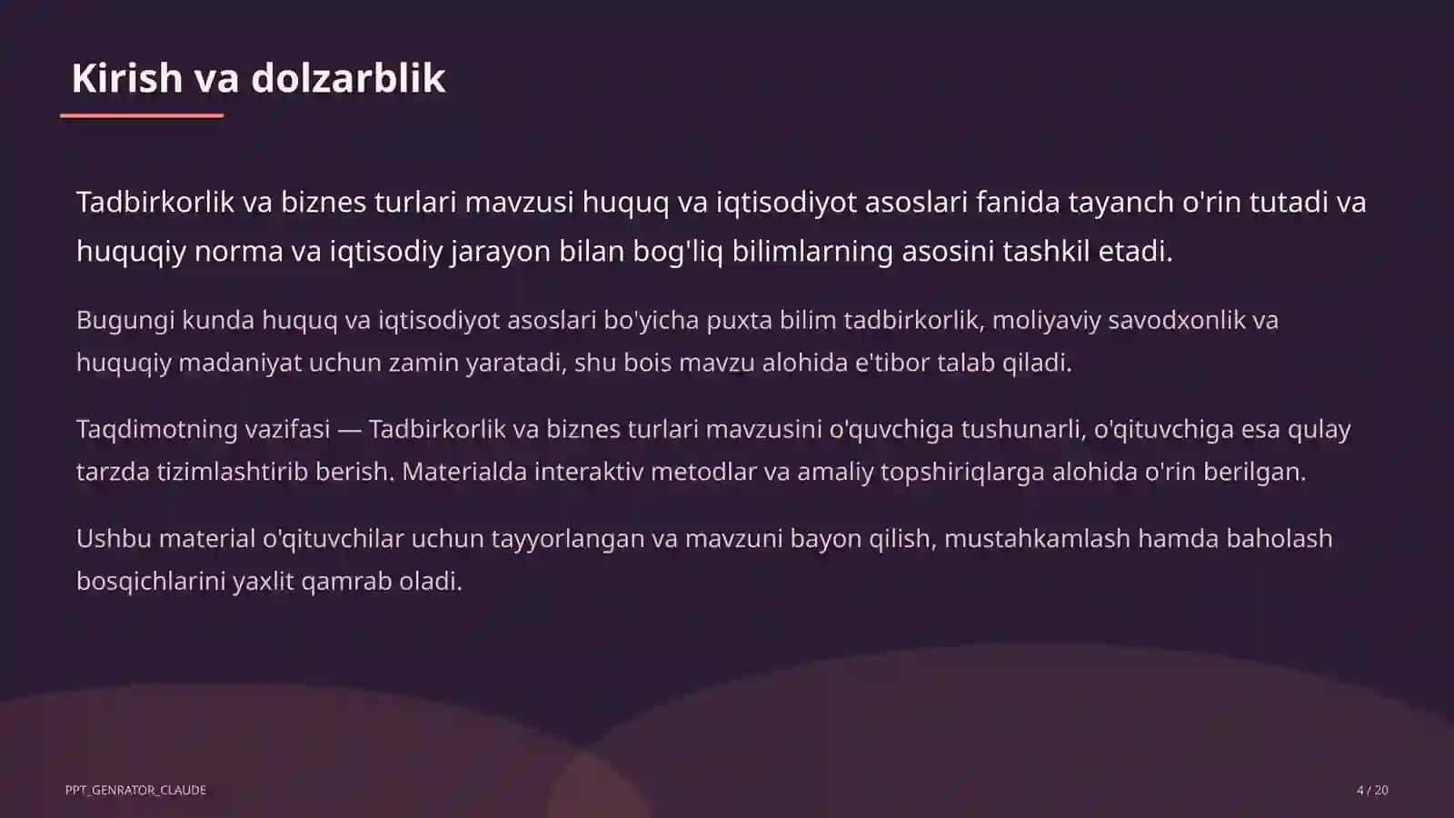 Huquq va iqtisodiyot asoslari (9–11) — o'qituvchilar uchun 4