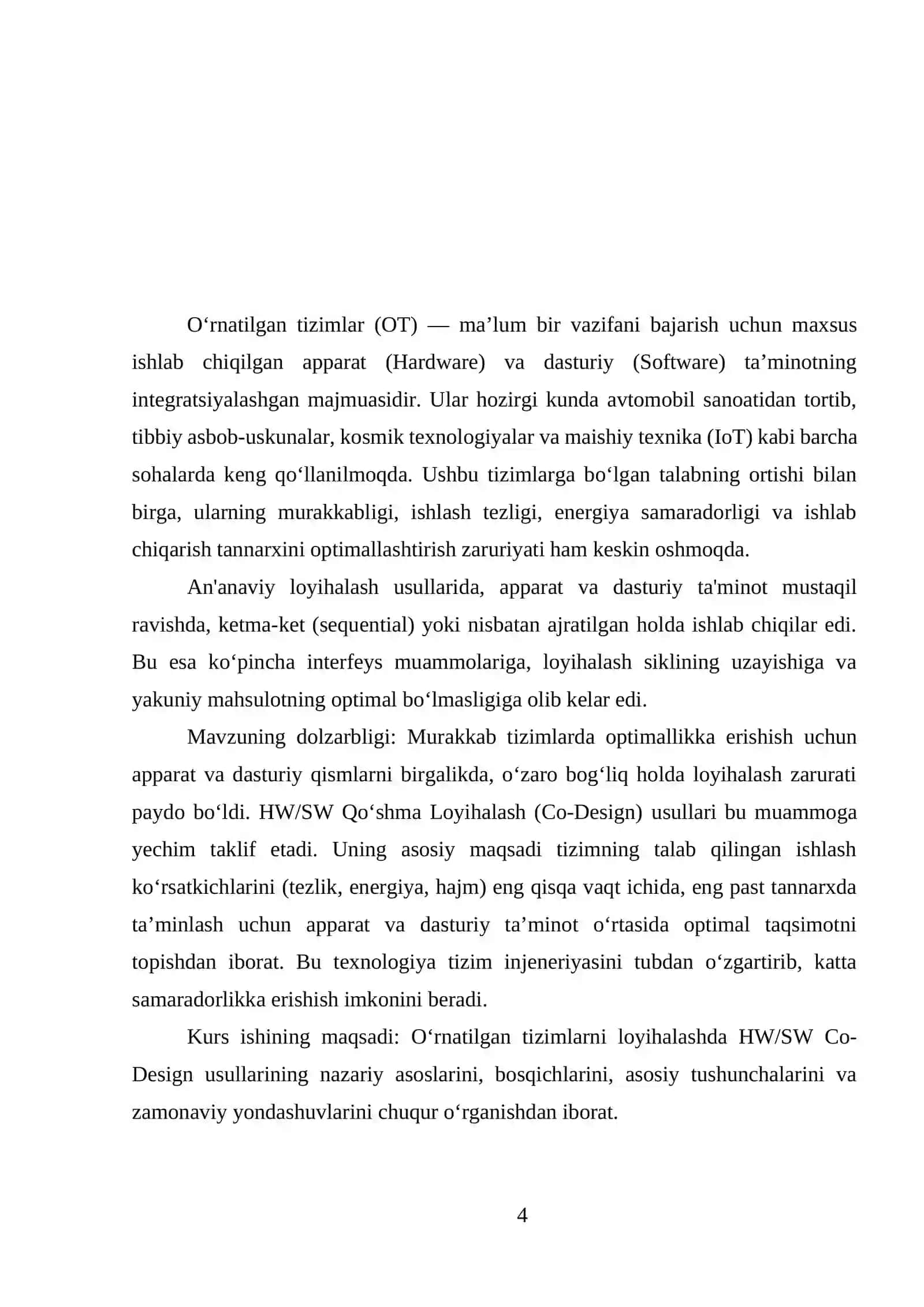 O‘RNATILGAN TIZIMLARDA APPARAT VA DASTURIY TA’MINOTNING QO‘SHMA LOYIHALASH USULLARI (HW/SW CO-DESIGN) 4
