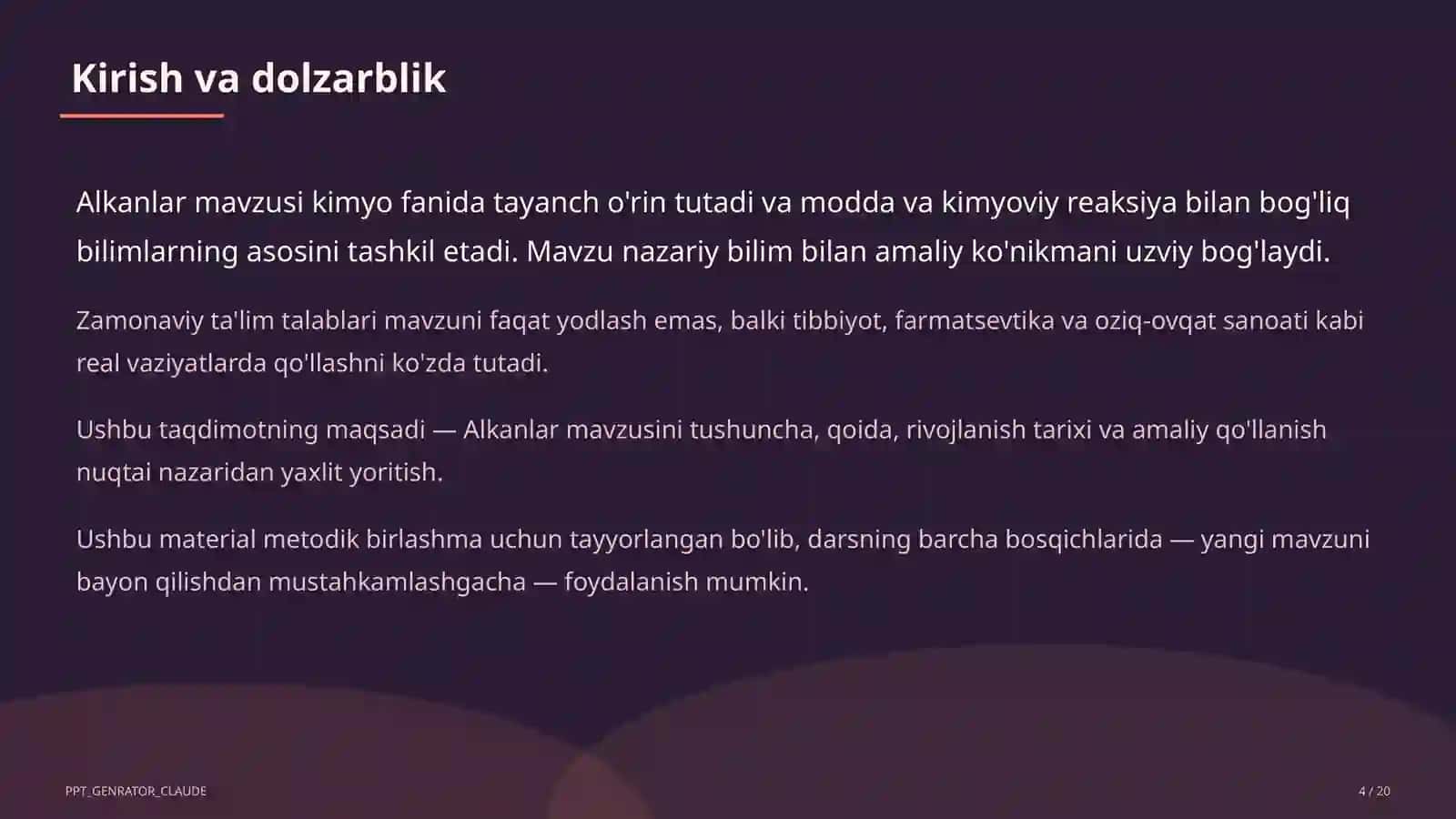 Alkanlar (10-sinf) Kimyo (7– 11) — metodik birlashma uchun 4