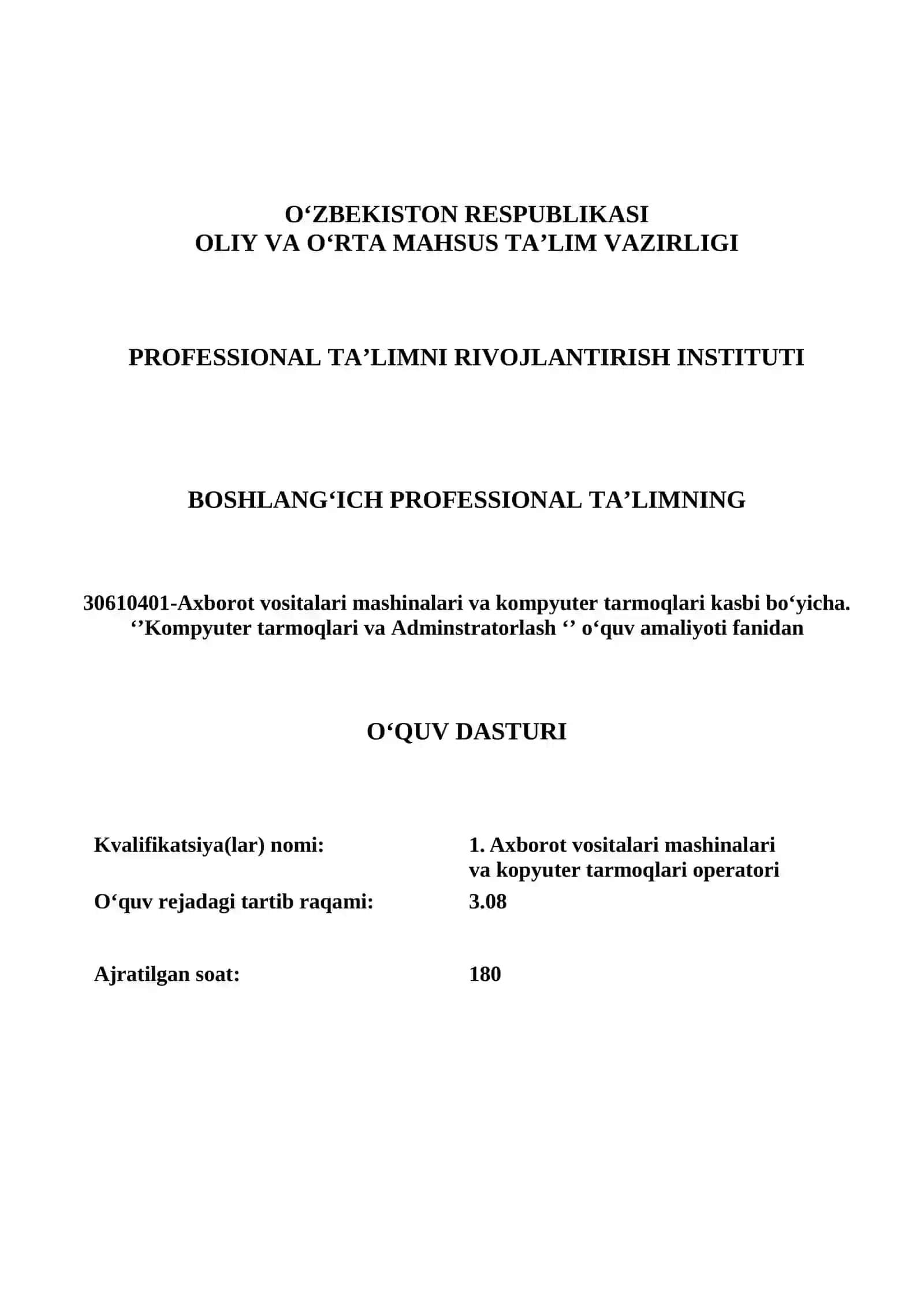 Kompyuter tarmoqlari va Adminstratorlash   O’QUV AMALIYOTIDAN    O’QITISH MATERIALLARI 4
