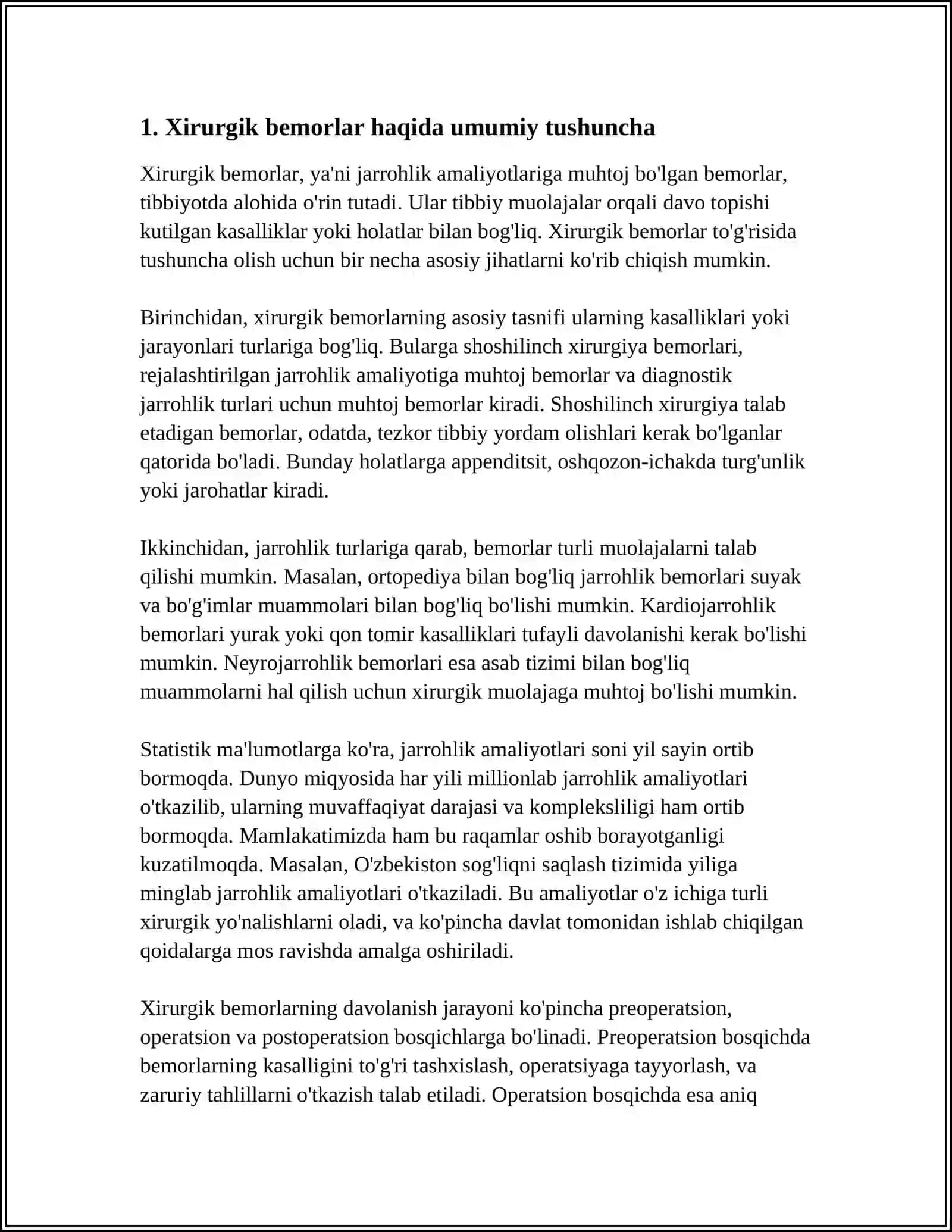 XIRURGIK BEMORLAR. XIRURGIK BEMORLAR UMUMIY PARVARISHI TUSHUNCHASI, TURLARI. XIRURGIK YORDAM TUZILMASI VA UNI TASHKILLASHTIRISH. XIRURGIYA XONASI, TUZILISHI, ULARGA QOʻYILADIGAN TALABLAR, ISHLASH PRINSIPI 4