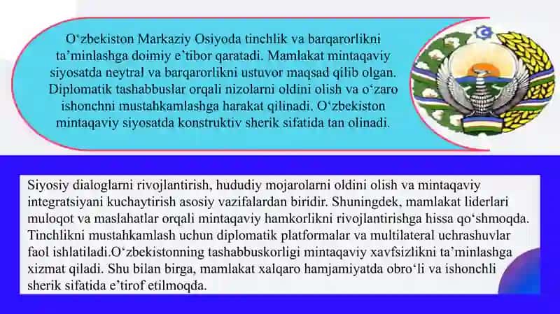 O‘zbekistonning Markaziy Osiyoda tinchlik va barqarorlikni ta’minlashdagi roli SLAYD 4