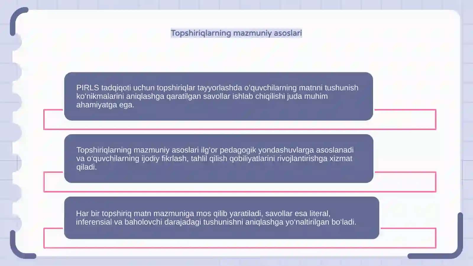 PIRLS tadqiqoti uchun topshiriqlar tayyorlash va ular ustida ishlash texnologiyasi 4