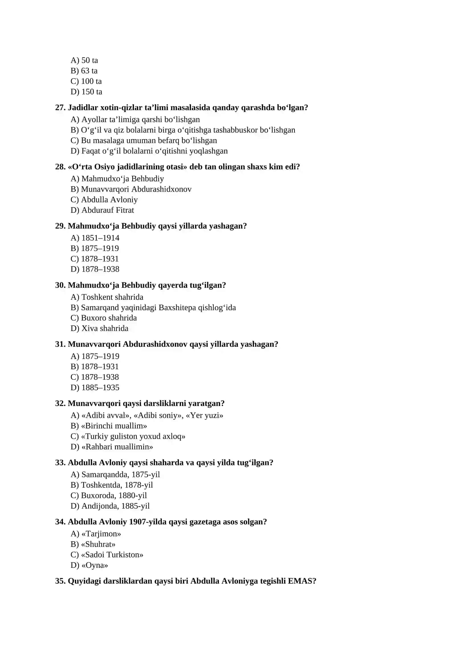 Mavzulashtirilgan testlar | 9-SINF O‘ZBEKISTON TARIXI VI boʻlim 4