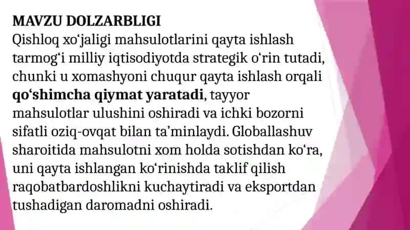 "QISHLOQ XO'JALIGI MAHSULOTLARINI QAYTA ISHLASH TARMOG'INING RIVOJLANISH ISTIQBOLLARI" TAQDIMOTI 4