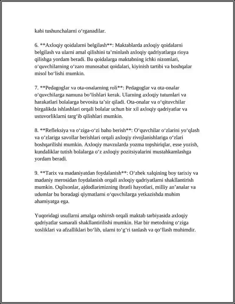 Maktab tarbiyasida axloqiy qadriyatlarni shakllantirish metodlari 4