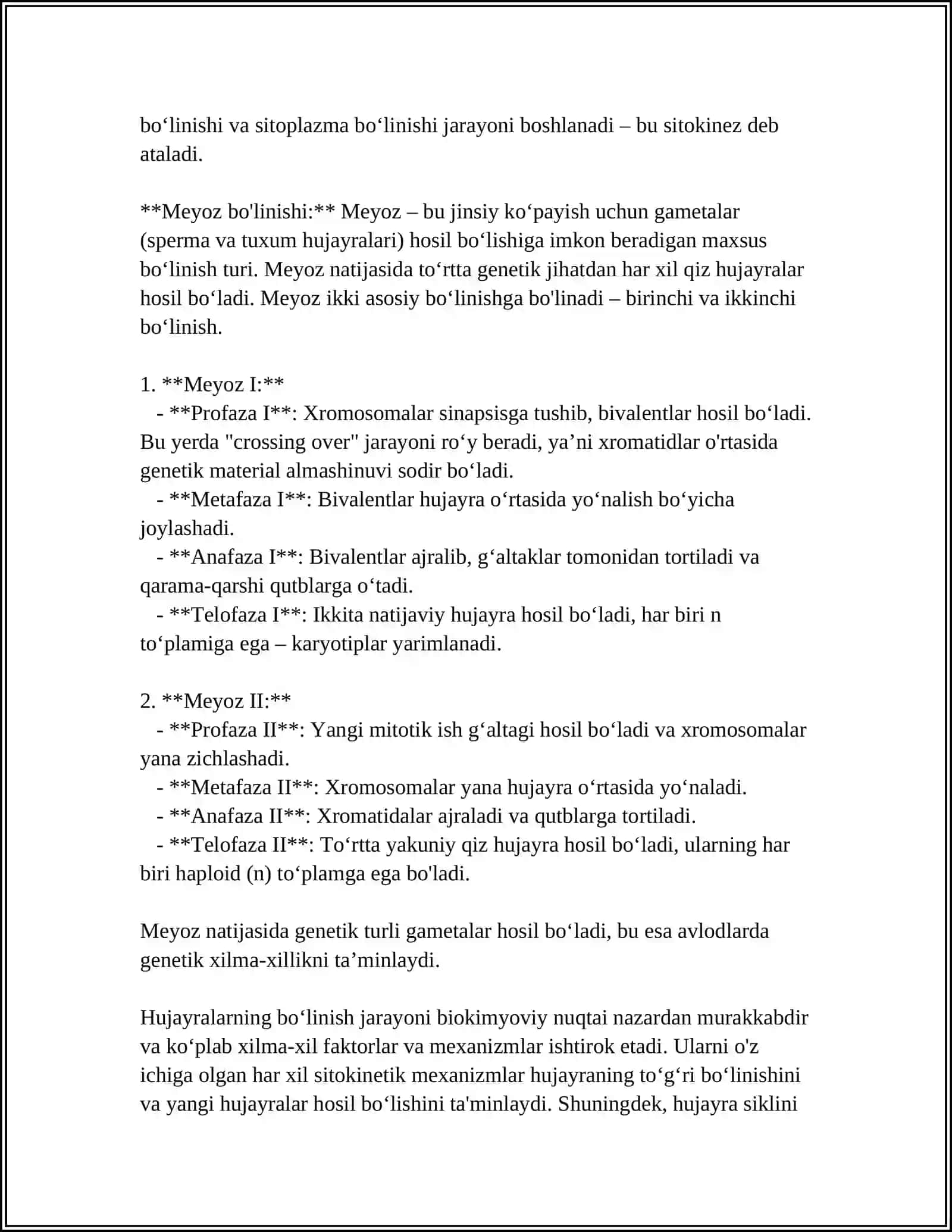 HUJAYRANING MEYOTIK BŌLINISHI.MITOZ VA MEYOZNING PATALOGIYASI. MEYOZNING BIOLOGIK AHAMIYATI 4