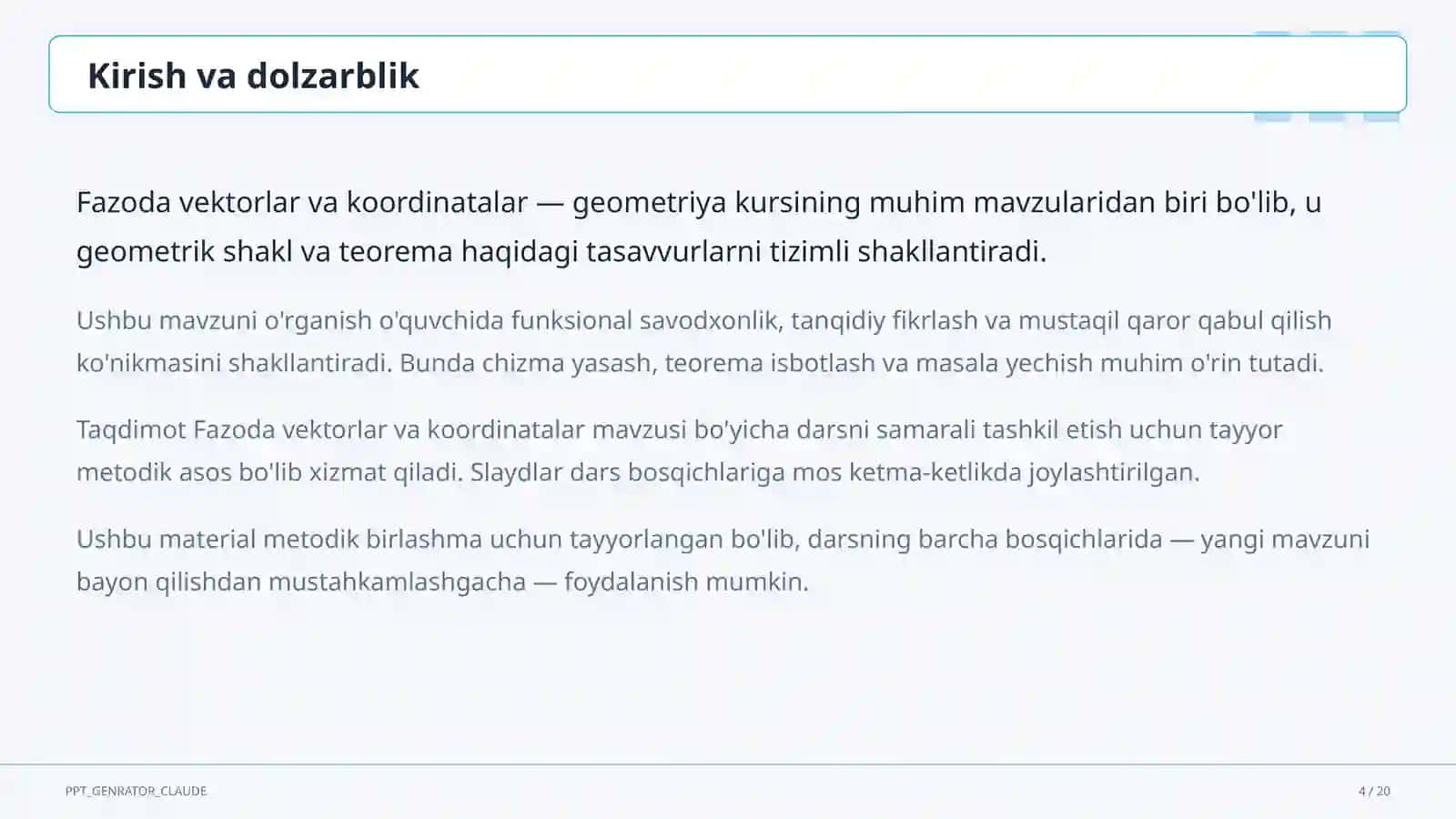 Fazoda vektorlar va koordinatalar (11-sinf) 4