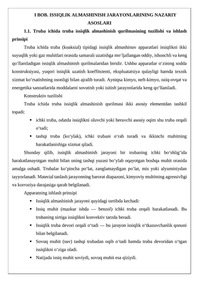 Benzolni suv bilan sovutish uchun truba ichida truba issiqlik almashinish qunimasini hisoblang va lo 4