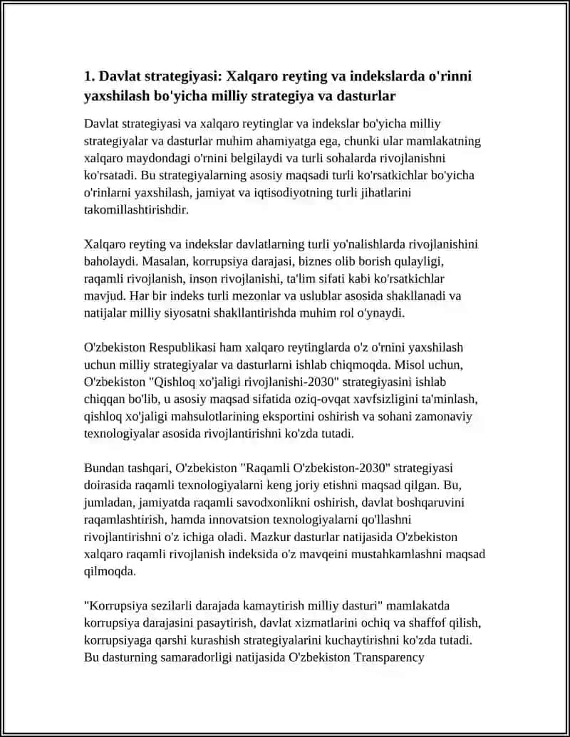 O'ZBEKISTON RESPUBLIKASINING XALQARO REYTING VA INDEKSLARDAGI O'RNINI YAXSHILASH DAVLAT SIYOSATI 4