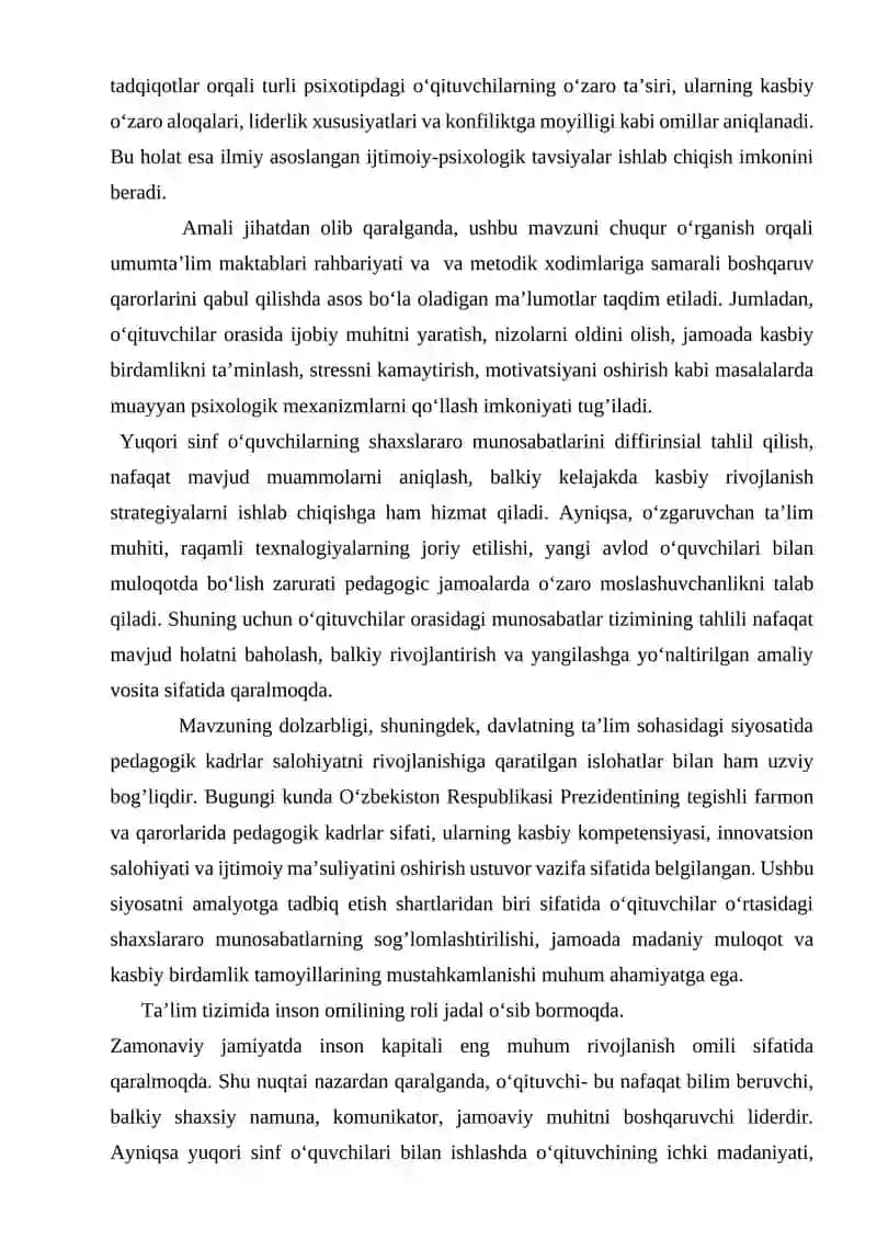 MUNDARIJA - "Umumta’lim maktabi yuqori sinf o‘quvchilarida shaxslararo munosabatlarning differensiyallashuvi” 4