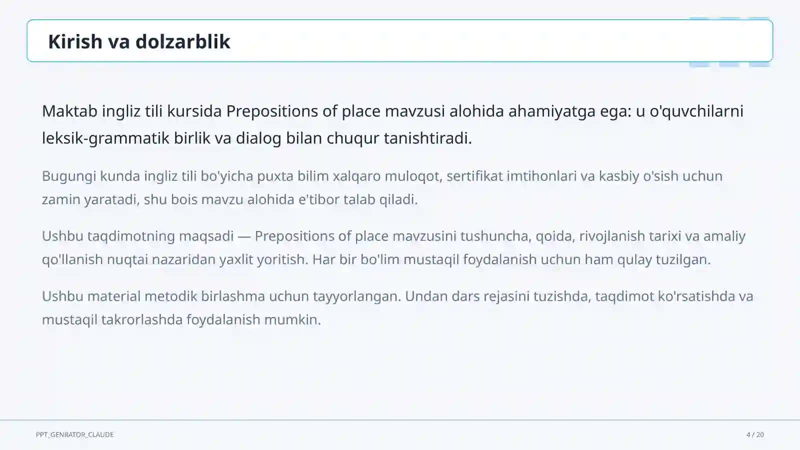 Prepositions of place (4-sinf) 4