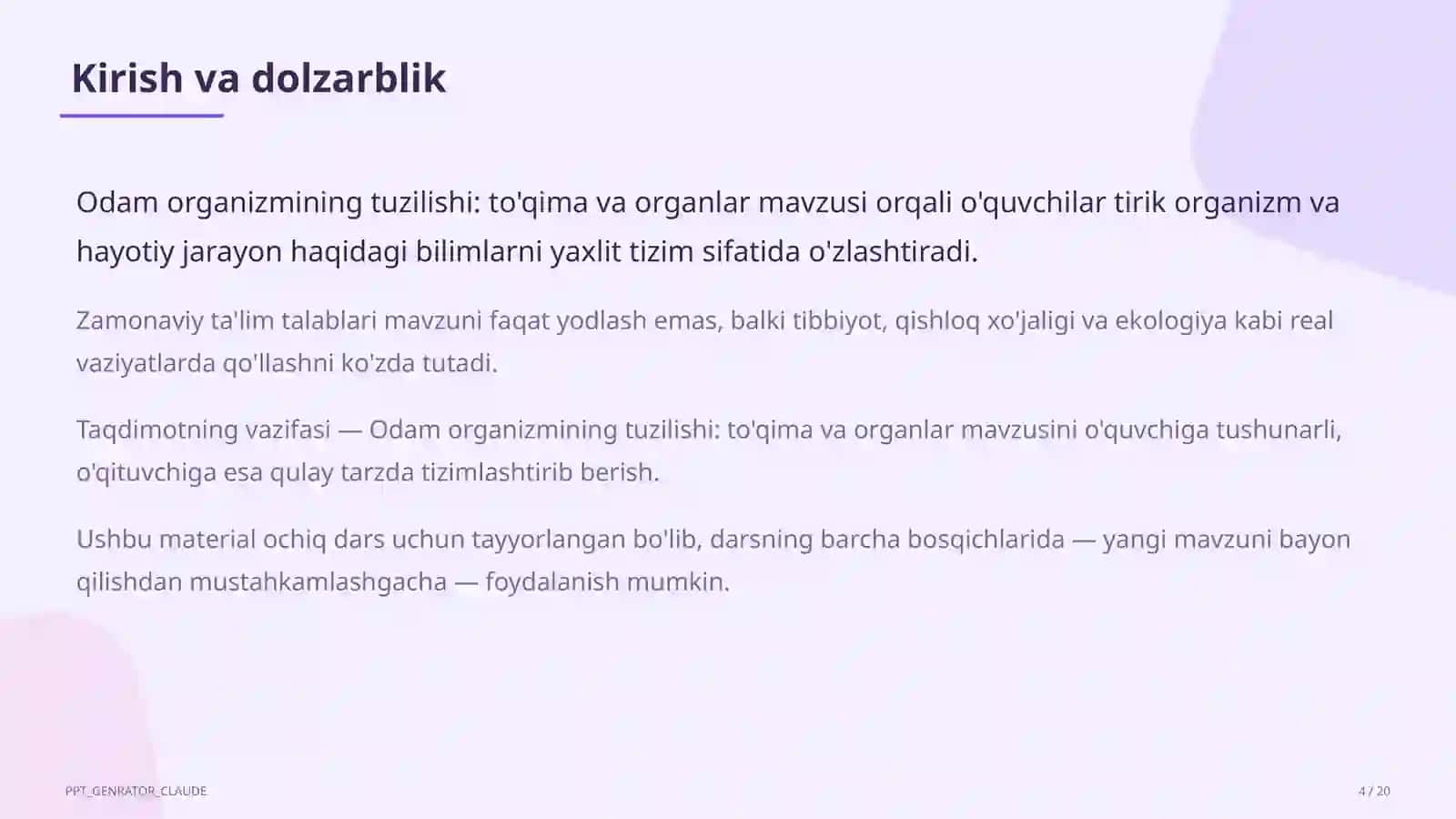 Odam organizmining tuzilishi: to'qima va organlar (8-sinf) 4
