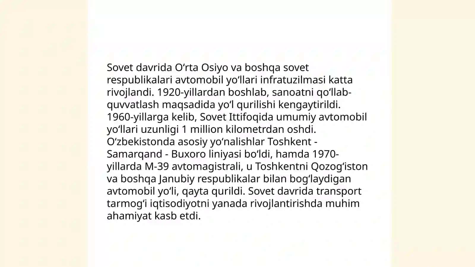 Oʻzbekiston Respublikasining avtomobil yoʻl tarmoqlarini rivojlanish tarixini o'rganish 4