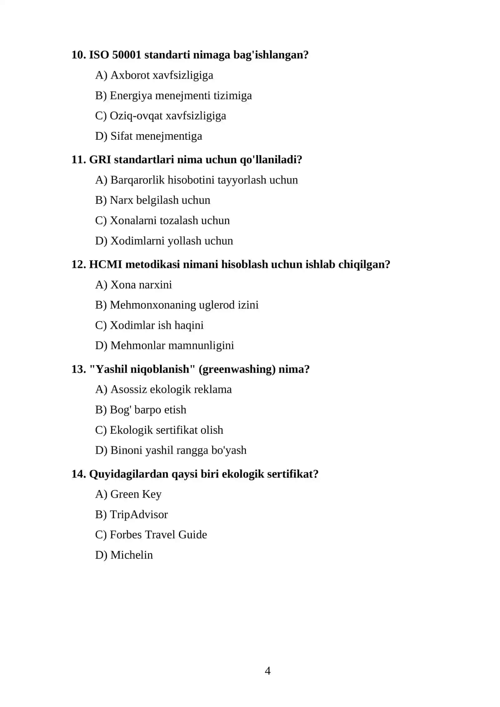 TEST TOPSHIRIQLARI (Xalqaro mehmonxonalarda barqaror rivojlanish) 4