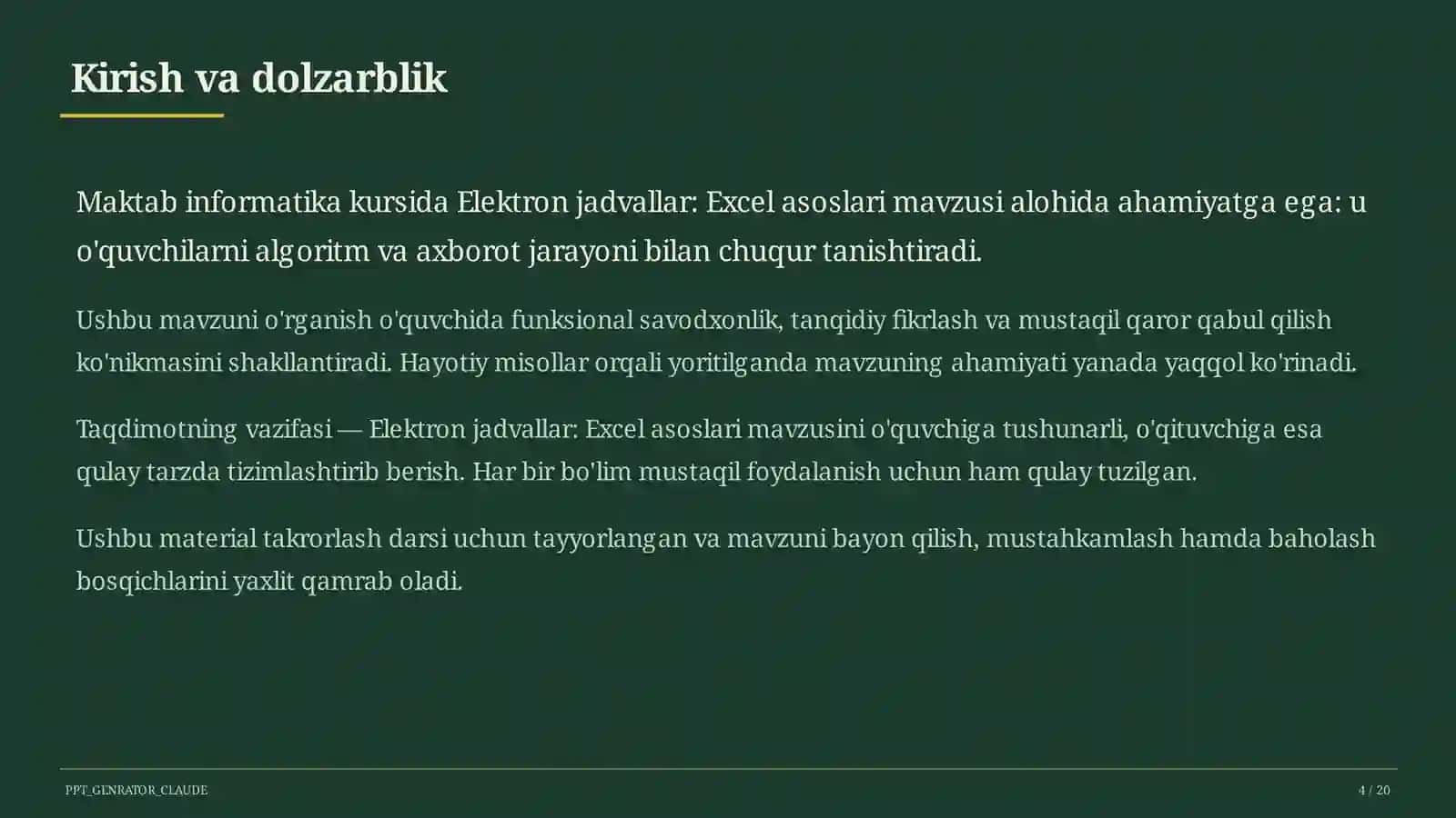 Elektron jadvallar: Excel asoslari (7-sinf) 4