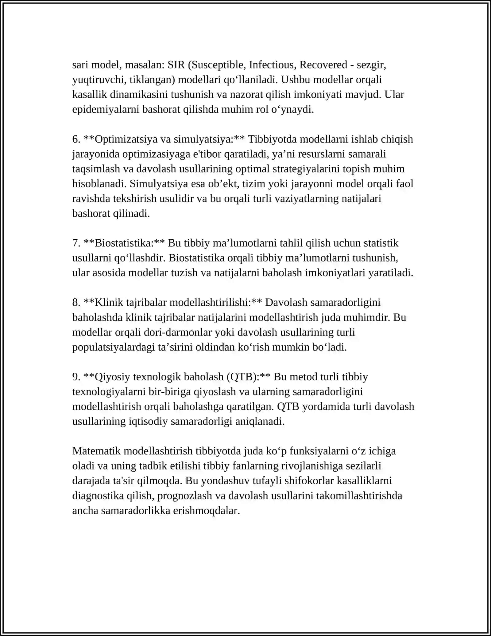 TIBBIYOTDA MATEMATIK MODDELASHTIRISH USLUBLARINI O`RGANISH 4