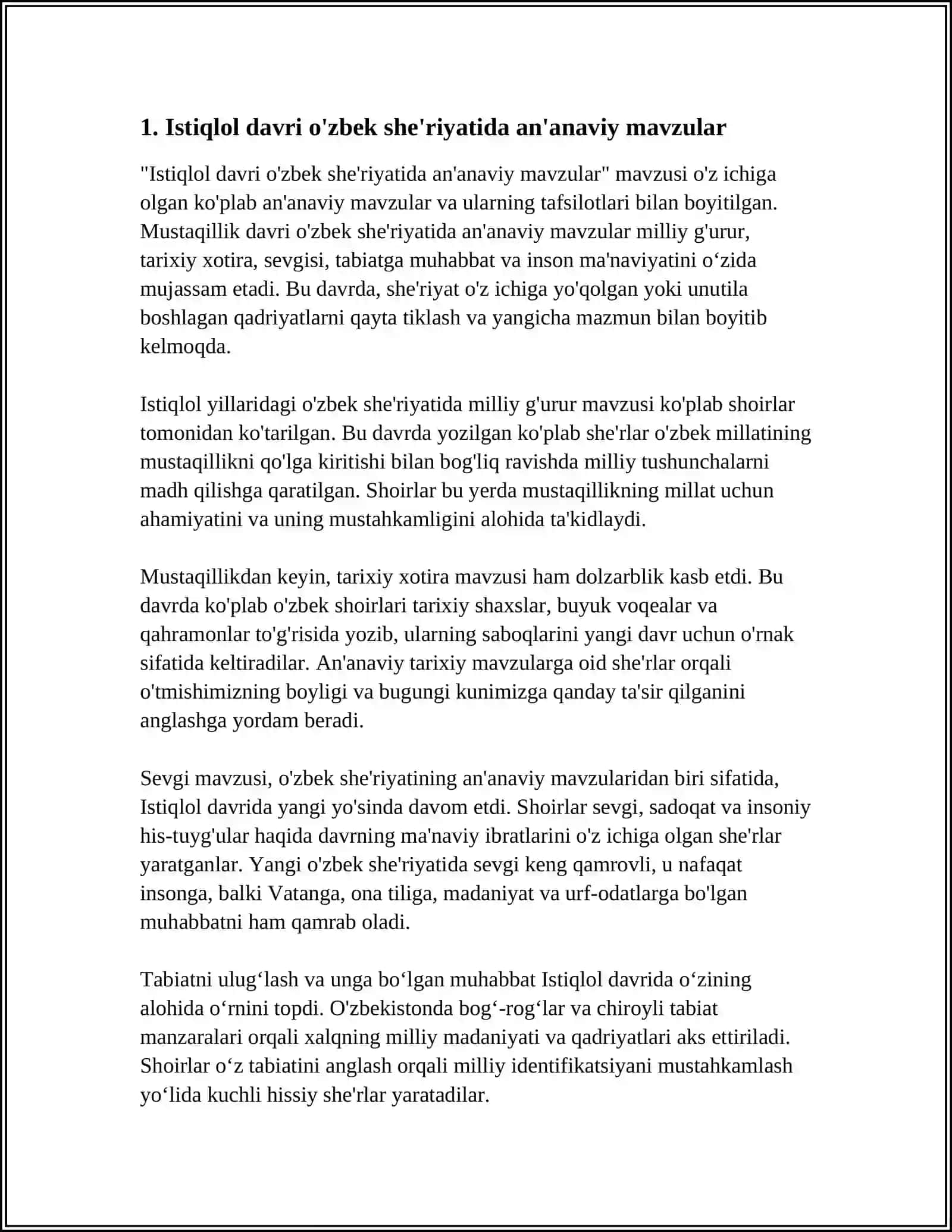 ISTIQLOL DAVRI O'ZBEK SHE'RIYATI SOHASIDAGI IZLANISHLAR. HOZIRGI O'ZBEK LIRIKASIDAGI O'ZIMGA XOSLIKLAR. O'ZBEK MODERN SHE'RIYATI HAQIDA ZEBO MIRZAYEVA SHE'RLARIDA VATAN, ISTIQLOL MAVZUSINING YORITILISHI 4