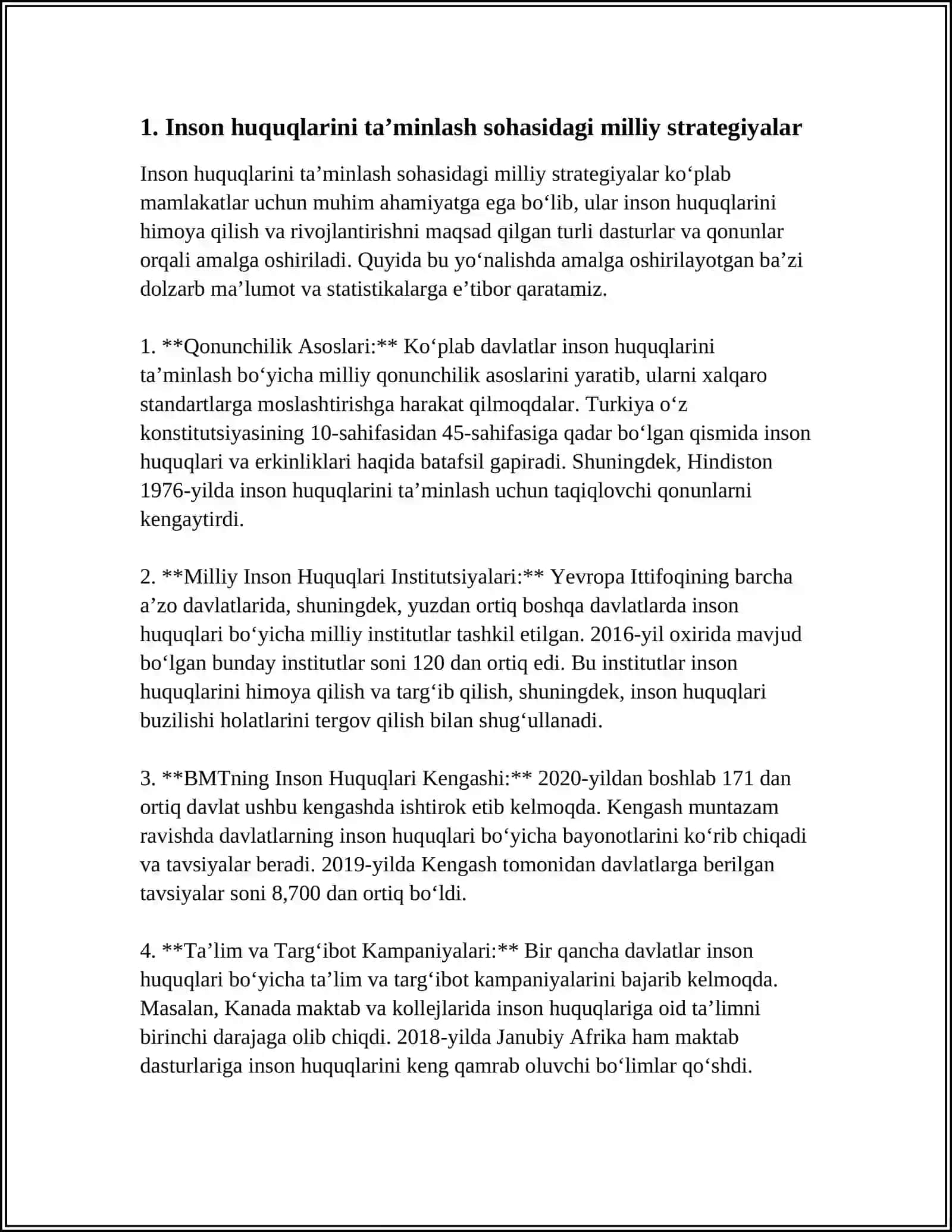 INSON HUQUQLARINI TA'MINLASH, DAVLAT ORGANLARINING HISOBDORLIGI VA OCHIQLIGINI KUCHAYTIRISH HAMDA FUQAROLIK JAMIYATI INSTITUTLARI, OMMAVIY AXBOROT VOSITALARINING ROLI, AHOLI VA JAMOAT BIRLASHMALARINING SIYOSIY FAOLLIGINI OSHIRISH BO'YICHA TIZIMLI ISHLAR AMALGA OSHIRISH 4