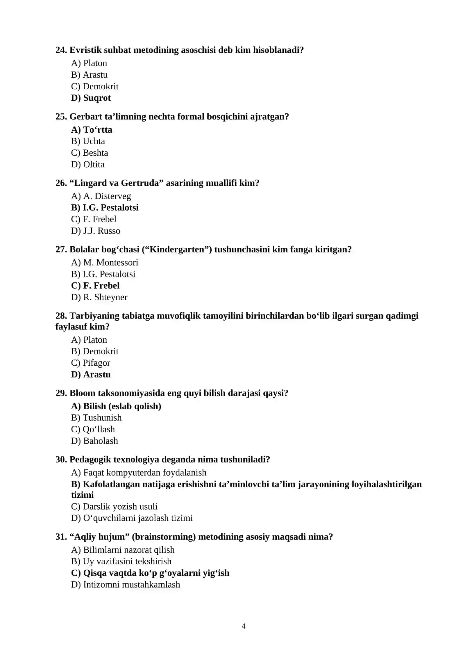 PEDAGOGIKA FANIDAN 100 TA TEST SAVOLLARI JAVOBLARI BILAN 4