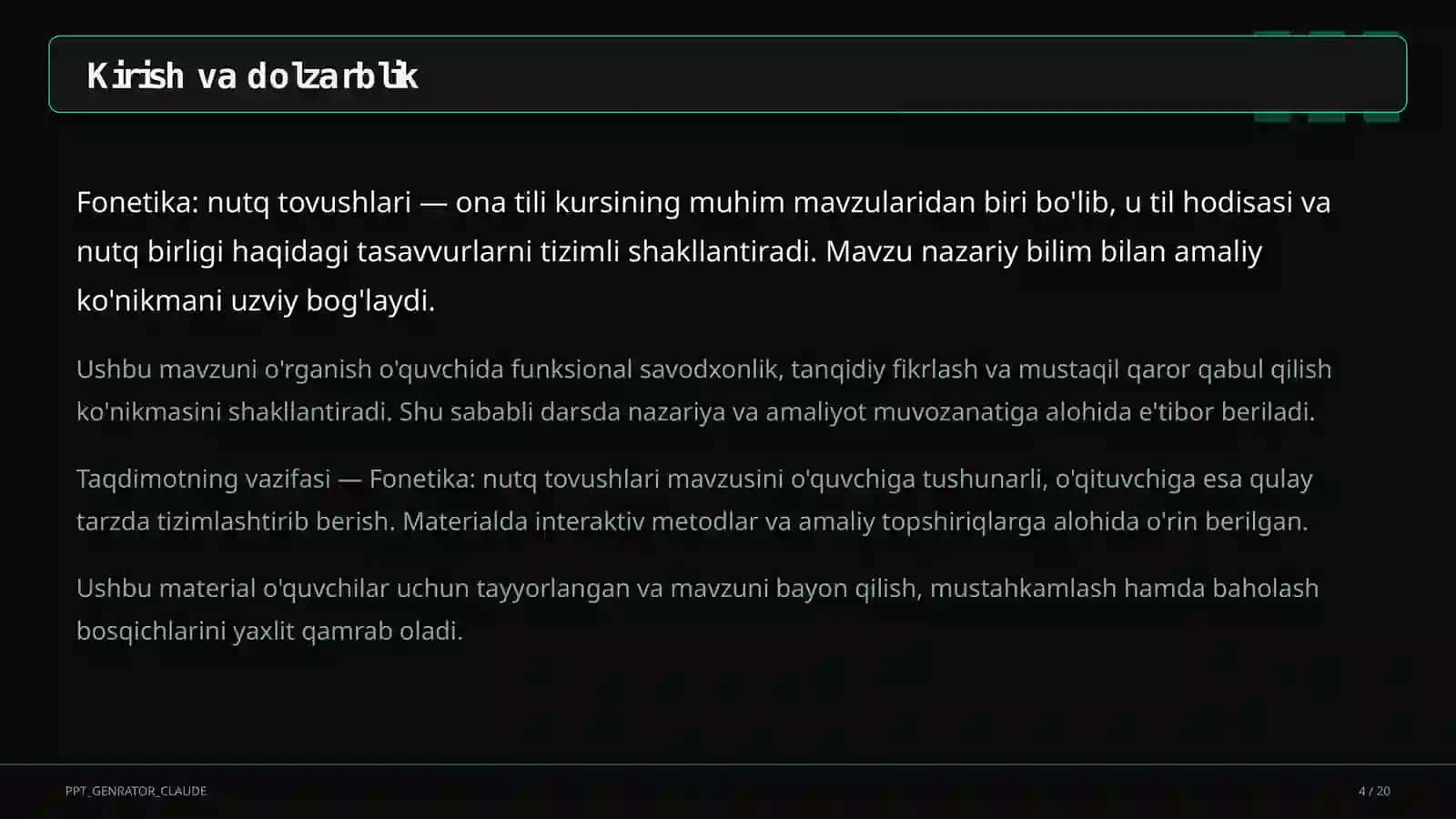 Fonetika: nutq tovushlari (5-sinf) Ona tili (5–11) — o'quvchilar uchun 4