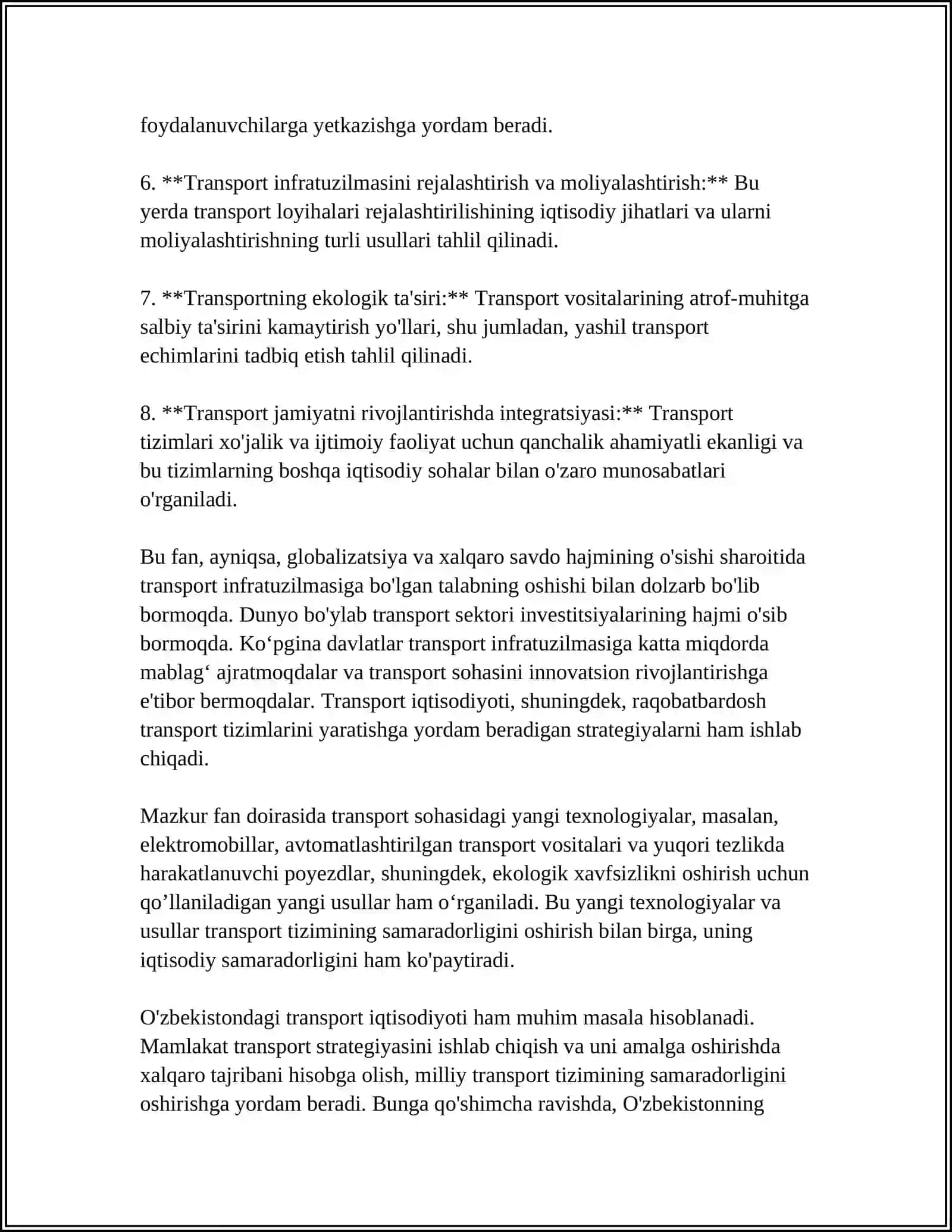 TRANSPORT IQTISODIYOTI KORPORATIV BOSHQARUV TIZIMI SHAROITIDA TRANSPORT IQTISODIYOTI FANINING PREDMETI, MAZMUNI VA MAQSADI 4