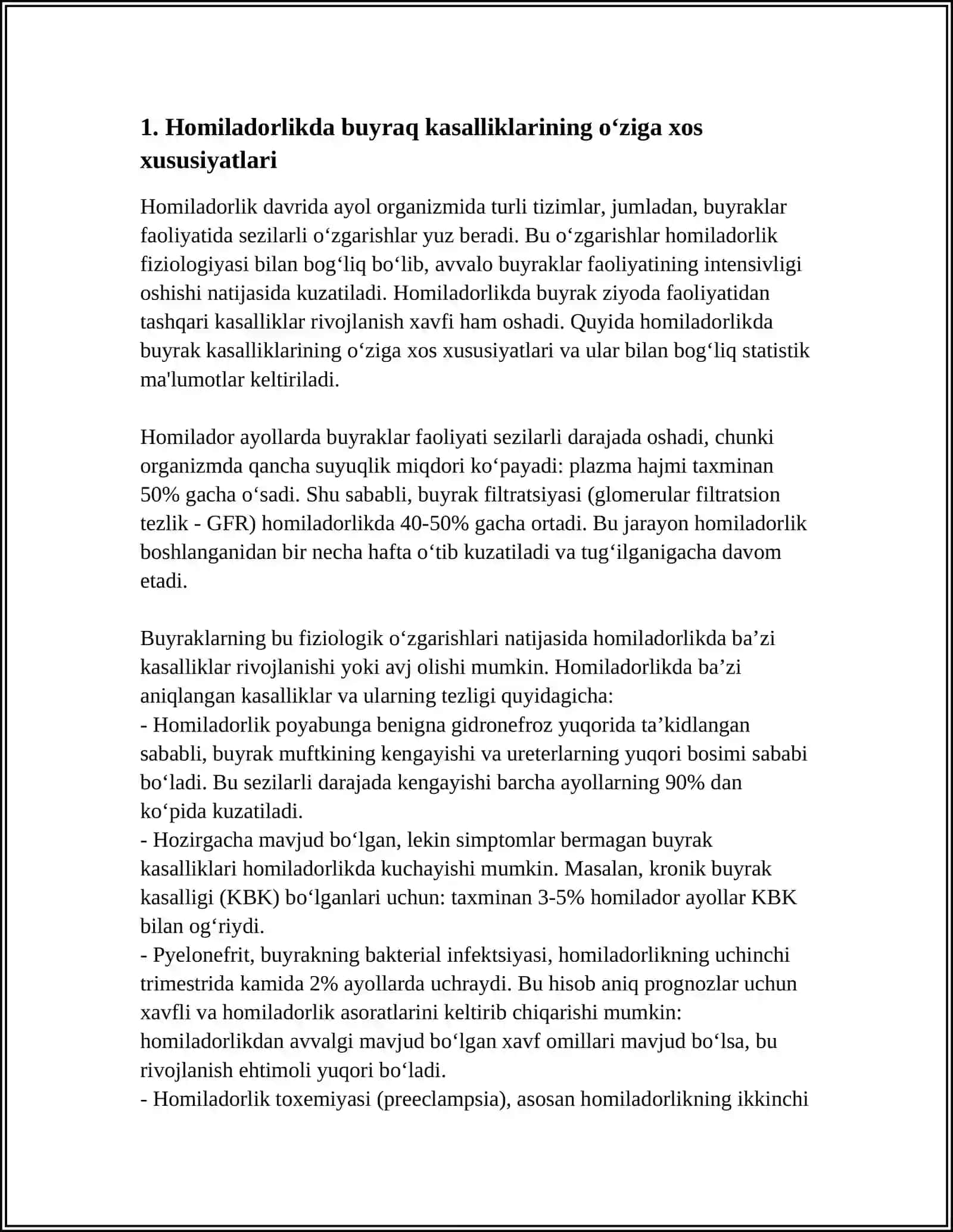 HOMILADORLIK, TUGʻRUQ VA CHILLA DAVRINING BUYRAK KASALLIKLARIDA KECHISHI 4