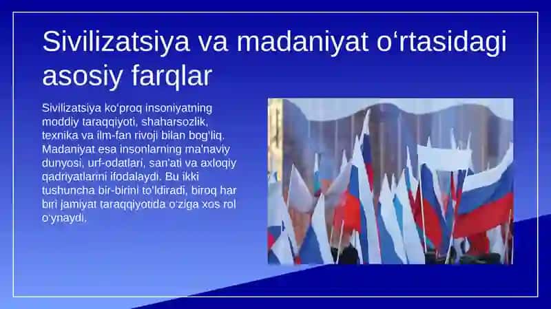 Sivilizatsiya va Madaniyat tushunchalari mazmuni va ularning tarixiy taraqqiyotda namoyon bo'lishi. Mustaqillik yillarida shaharsozlik, tarixiy bosqichlar va rivojlantirish istiqbollari 4
