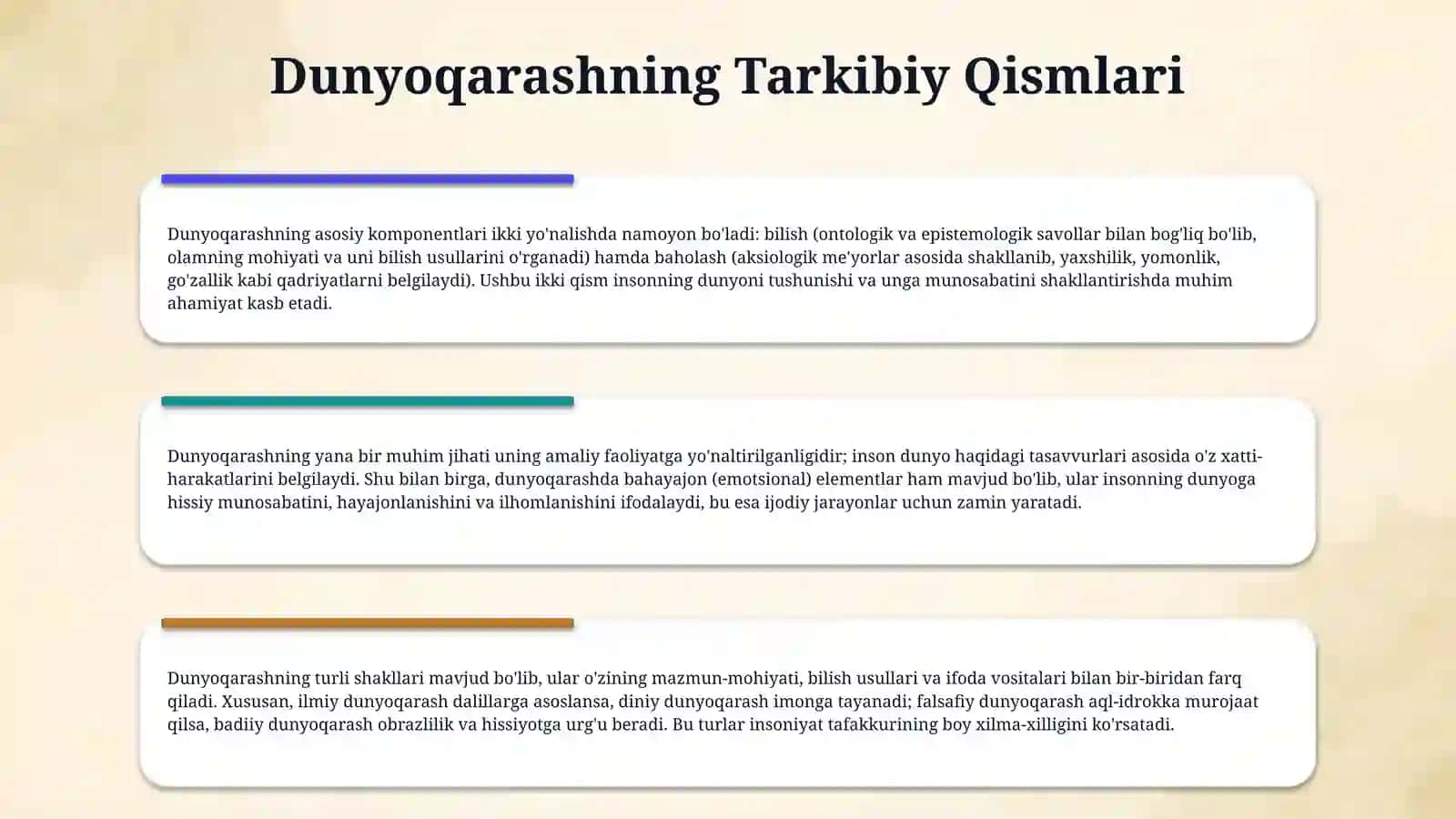 dunyoqarash tushunchasi, uning tuzilishi va tarixiy shakllari 4
