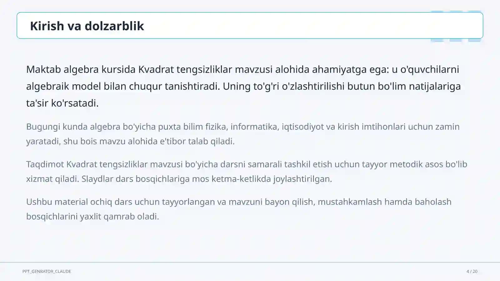 Kvadrat tengsizliklar (9-sinf) 4
