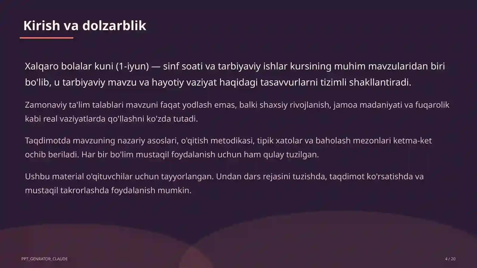 Sinf soati va tarbiyaviy tadbirlar (1–11) — o'qituvchilar uchun 4