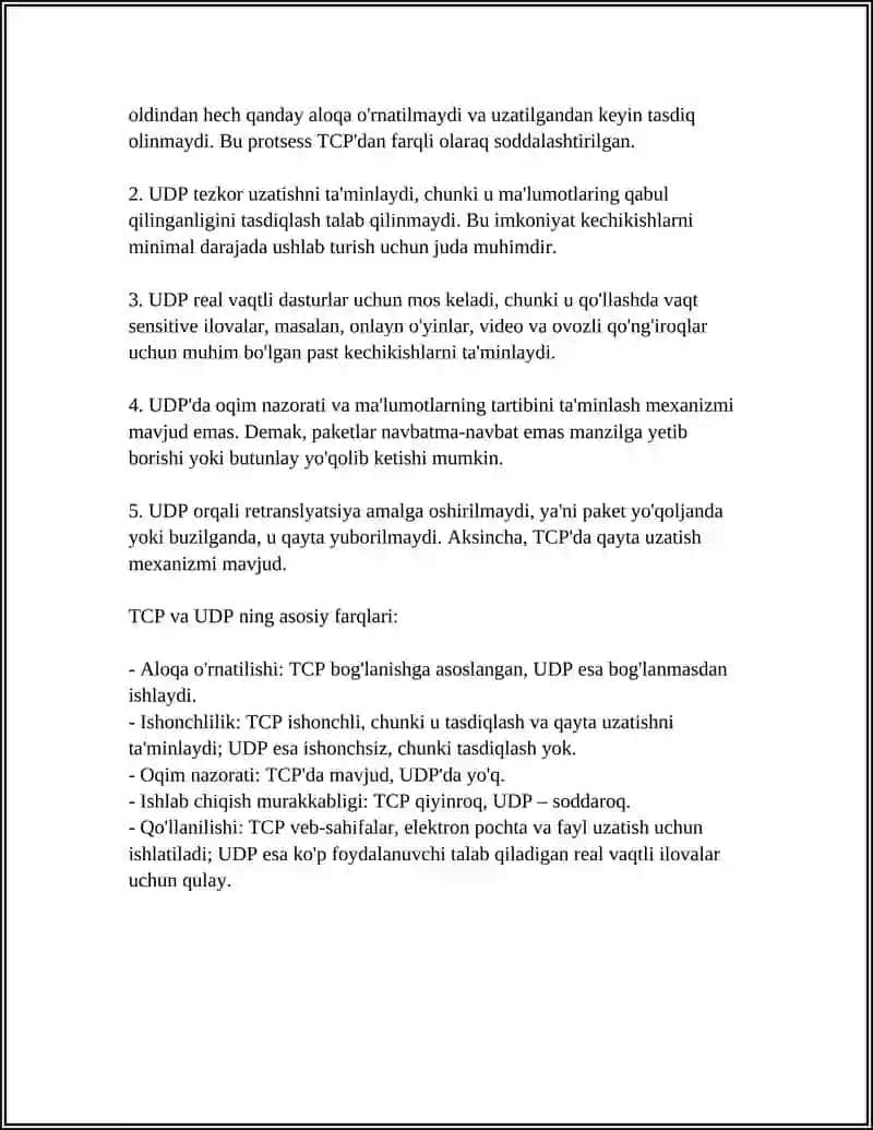 TCP VA UDP ISHLASHINI TAHLIL QILISH VA TAJRIBA ORQALI SOLISHTIRISH 4
