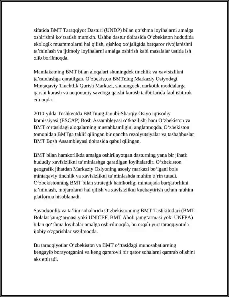 Oʻzbekistonning BMT va Boshqa Xalqaro Tashkilotlar bilan aloqalari 4