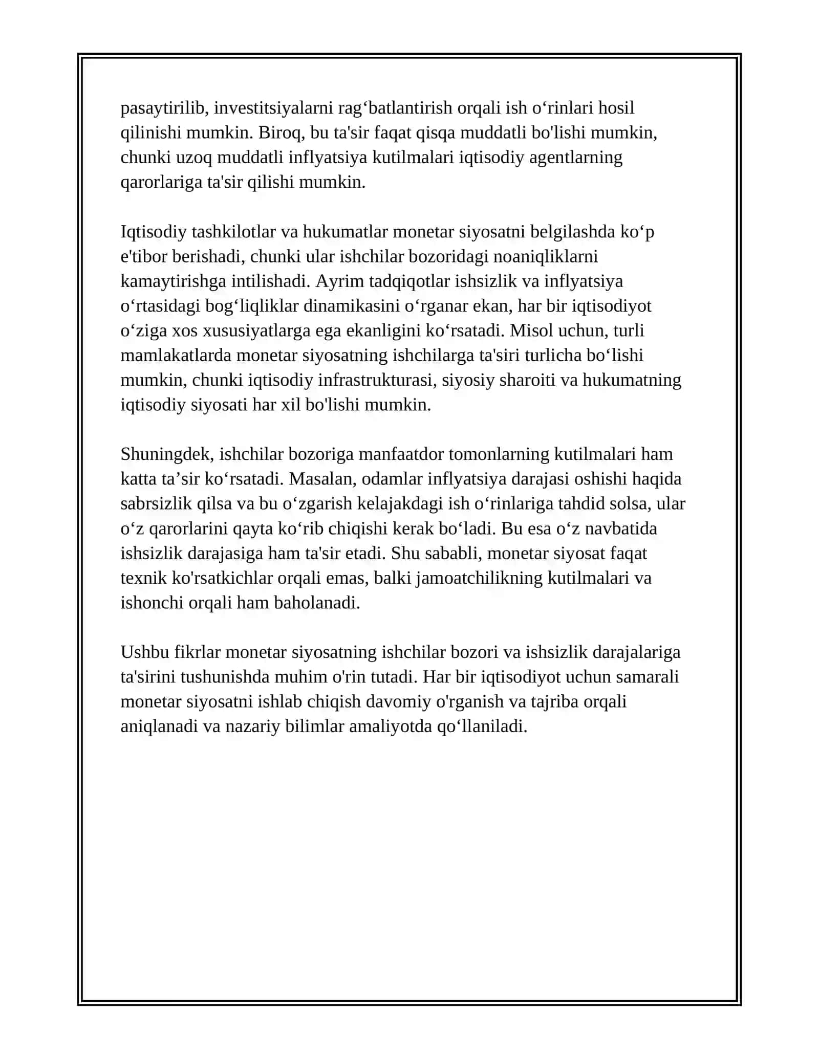 MONETAR SIYOSAT VA ISHSIZLIK DARAJASI O’RTASIDAGI BOG’LIQLIK 4