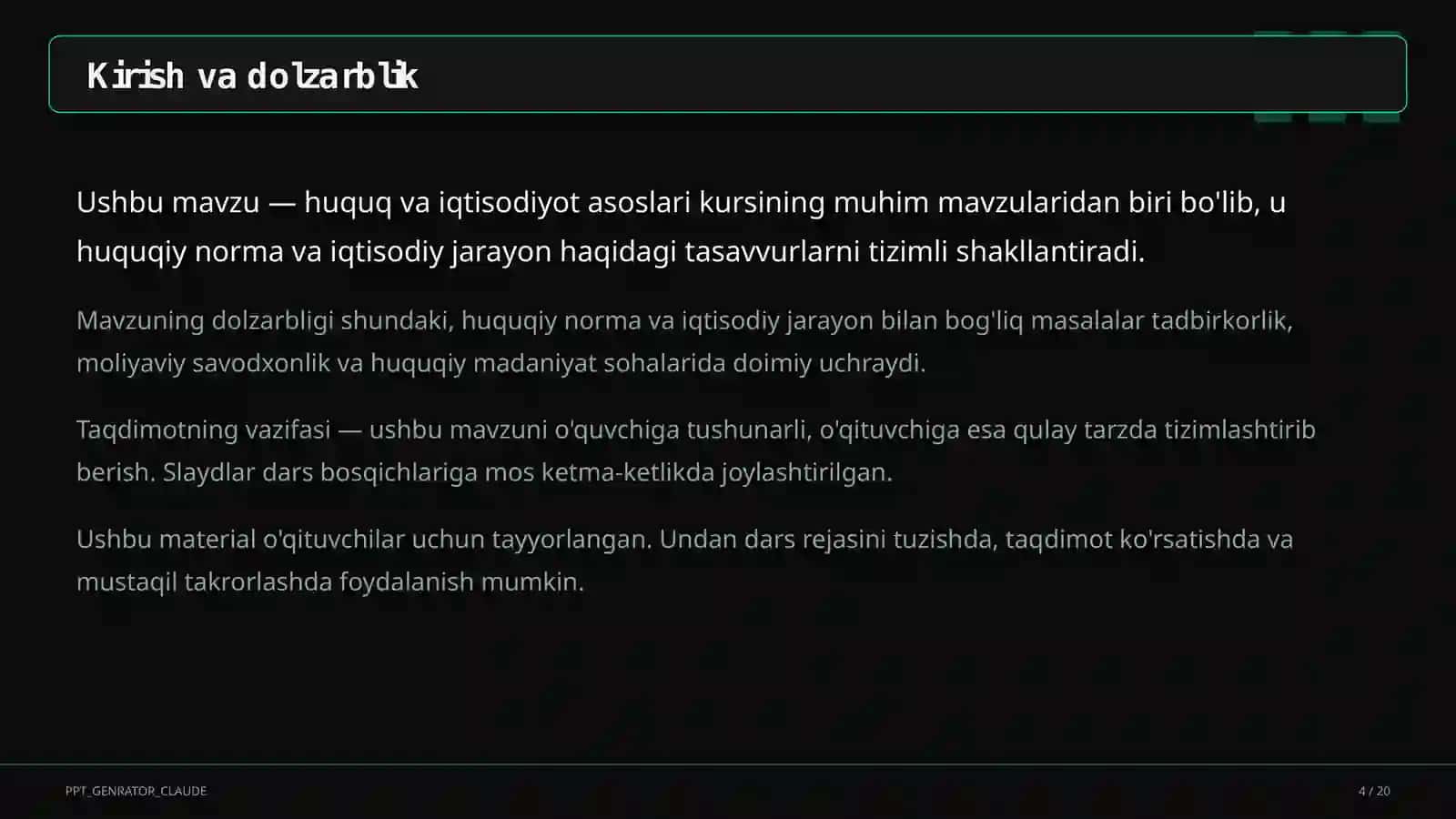 Huquq va iqtisodiyot asoslari (9–11) — o'qituvchilar uchun 4