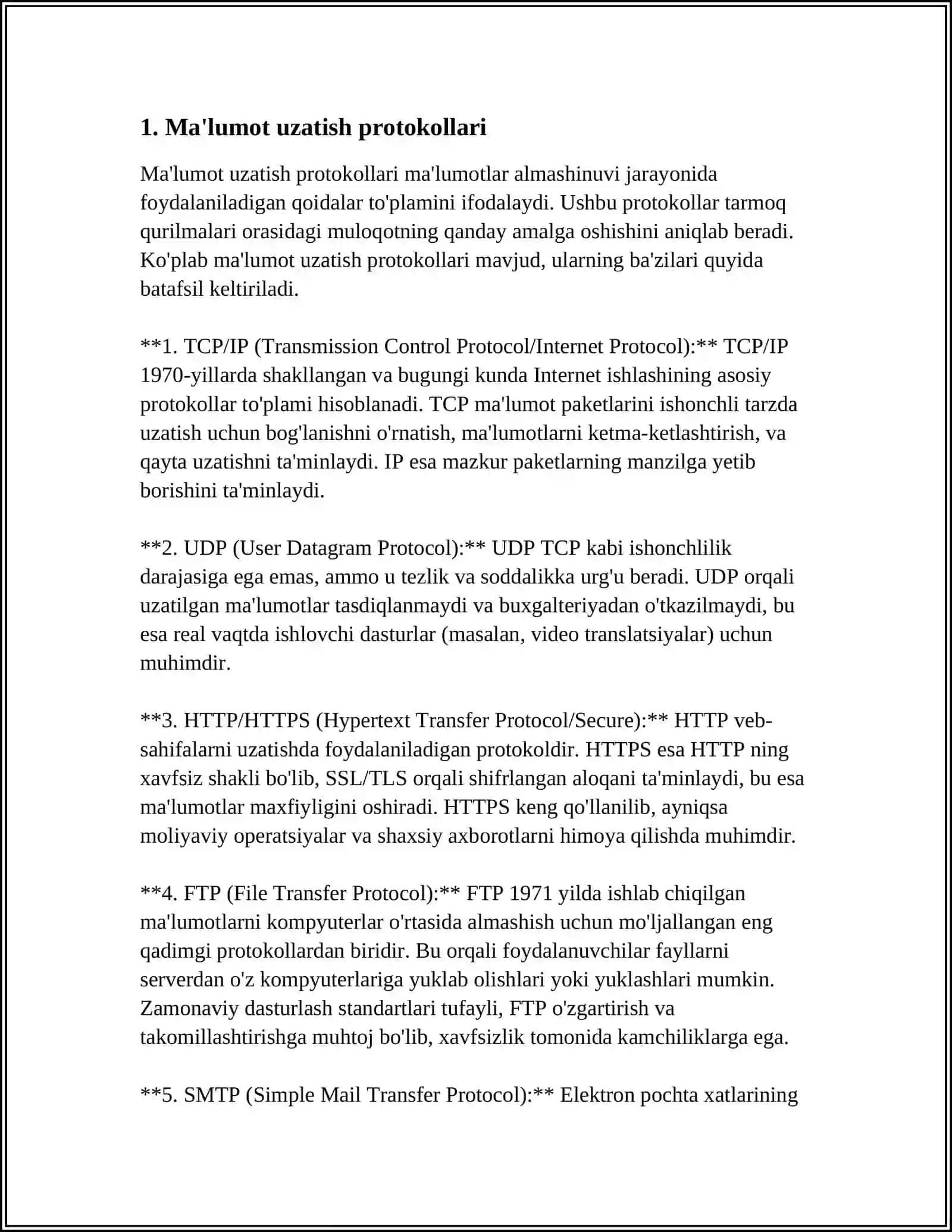 KOMPYUTERDA MA'LUMOTLARNING UZATILISHI QURILMALARNING O'ZARO MA'LUMOT ALMASHINISH STANDARTLARI VA PROTOKOLLARI 4