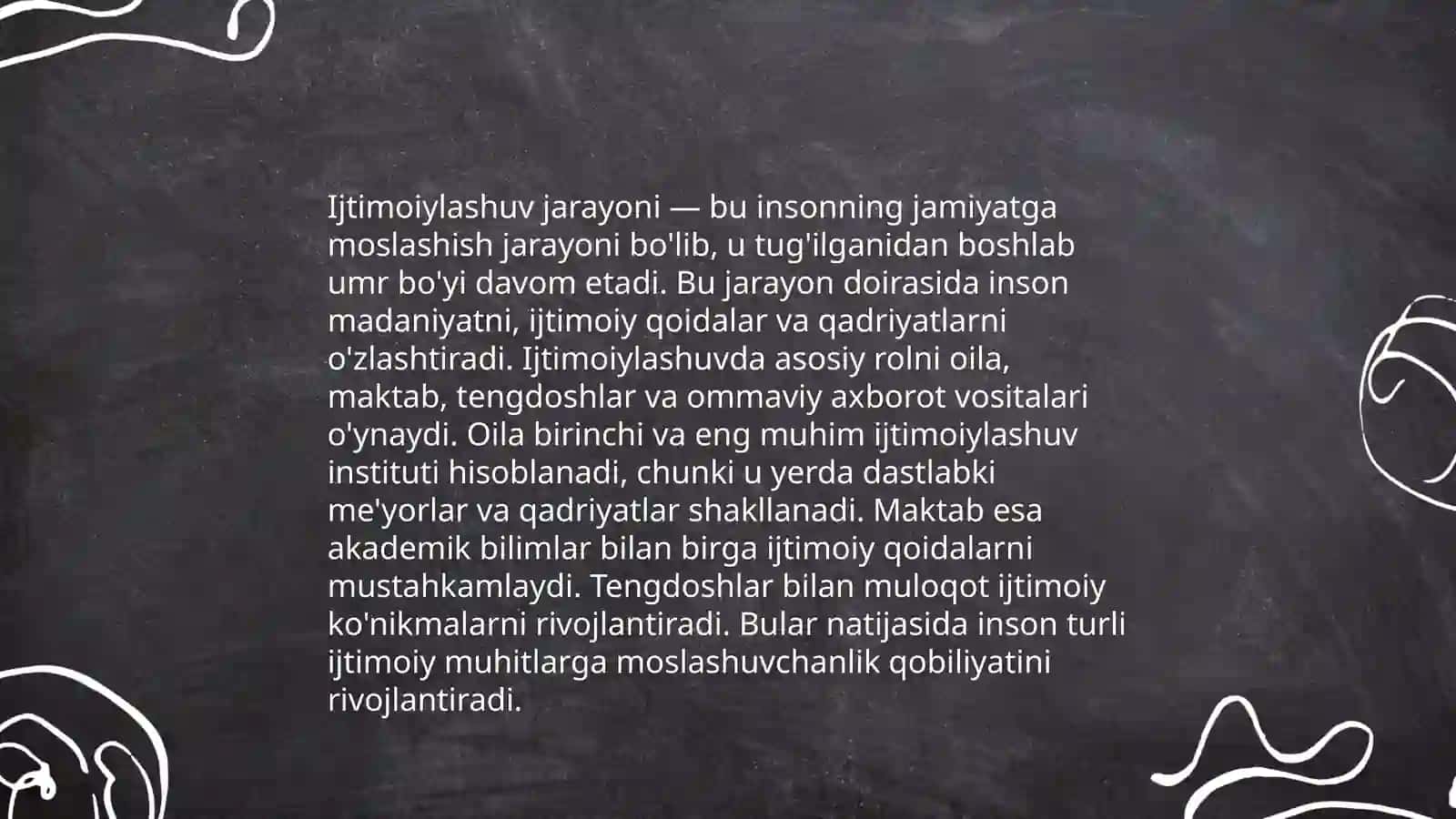 Ijtimoiylashuv tushunchasi jaroyoni vositalari,omillari va mexanizmlari,xulqi og'ishgan bolalar bilan ishlash,bolalar bilan ishlash metodlari,milliy mentalitet,ijtimoiylashuvda muhitning o'rni,hayot me'yorlarini egallay b9shlash davri,ijtimoiylashuv va uning tarixiy rivojlanishi 4