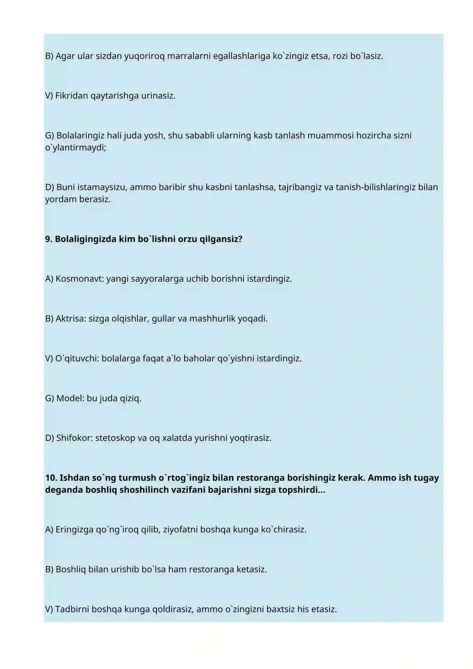 KASBINGIZ O`ZINGIZGA MUNOSIBMI? (PSIXOLOGIK TEST) 4