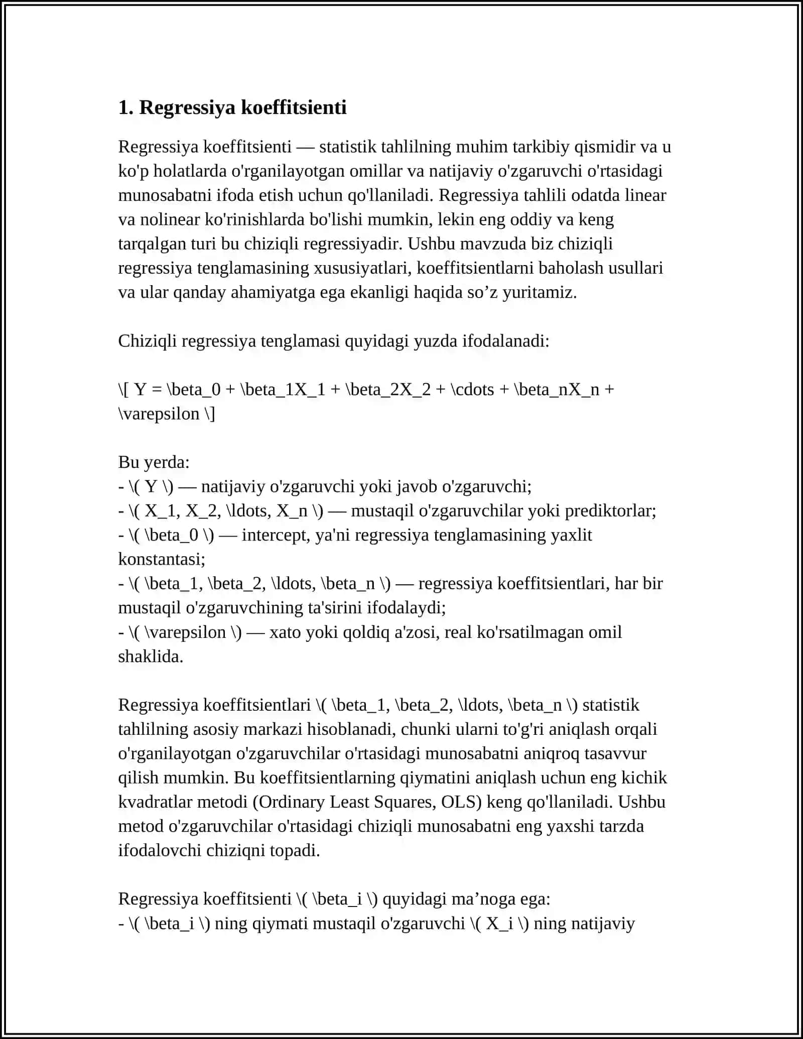REGRESSIYANING KOEFFITSIENTINING VA KORRELYAYSIYA KOEFFITSIENTININGSTATISTIK AHAMIYATINI BAHOLASH 4