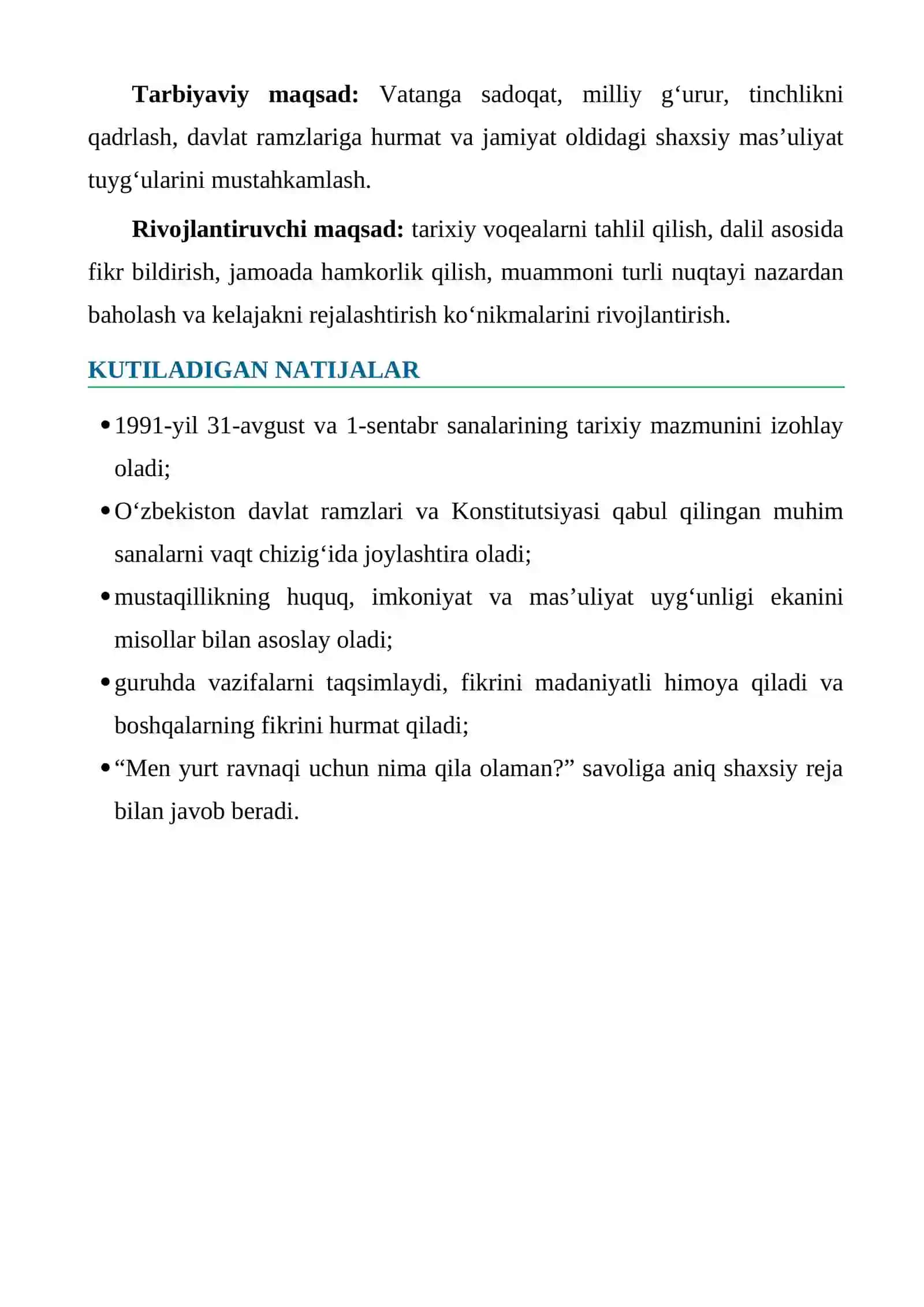 10-sinf Mustaqillikning 35 yilligiga bag‘ishlangan ochiq dars ishlanmasi — 2026 4