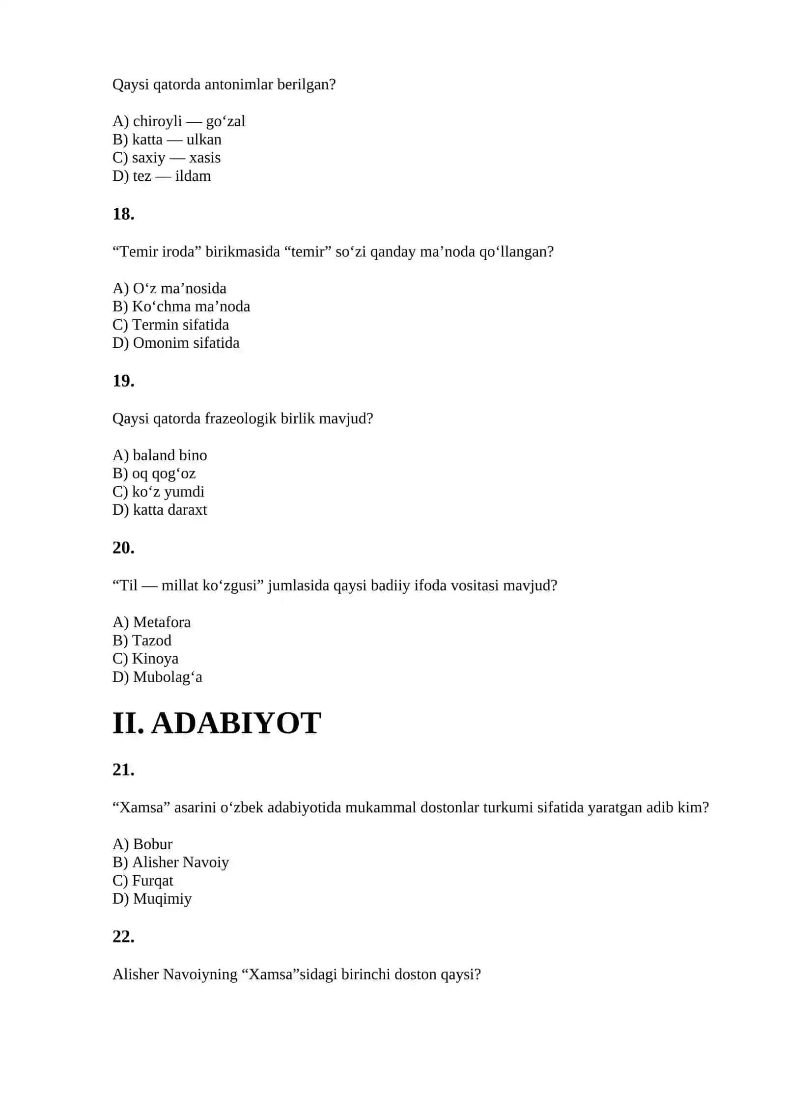 ONA TILI VA ADABIYOT FANI O‘QITUVCHILARI UCHUN KASBIY IMTIHON 4