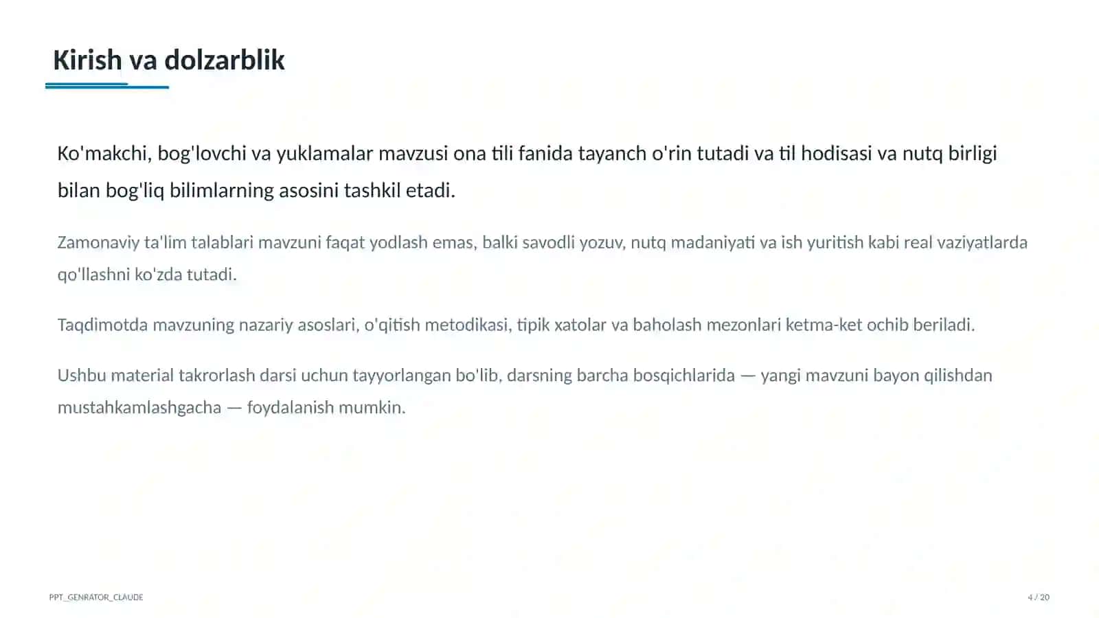 Ko'makchi, bog'lovchi va yuklamalar (7-sinf) Ona tili (5– 11) 4
